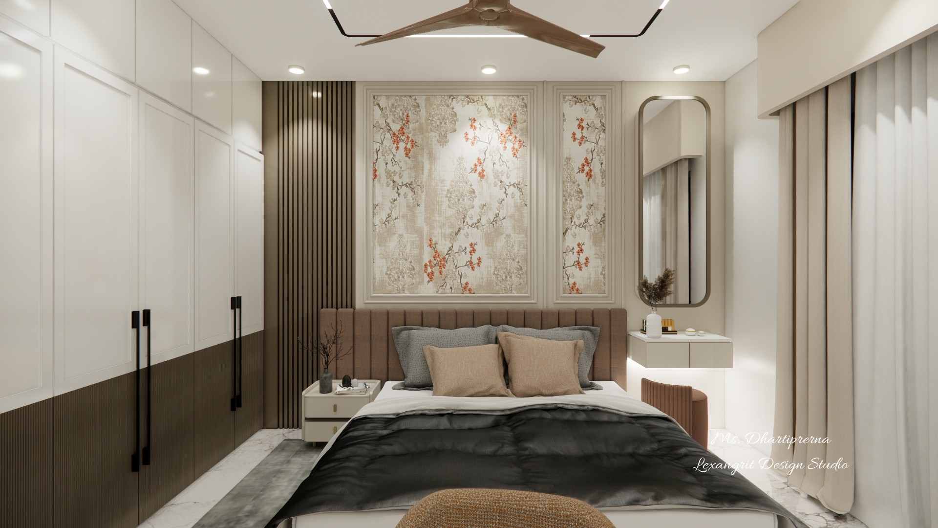 Bedroom with a dark upholstered bed, framed floral panels, wood slats and a mirrored dressing unit