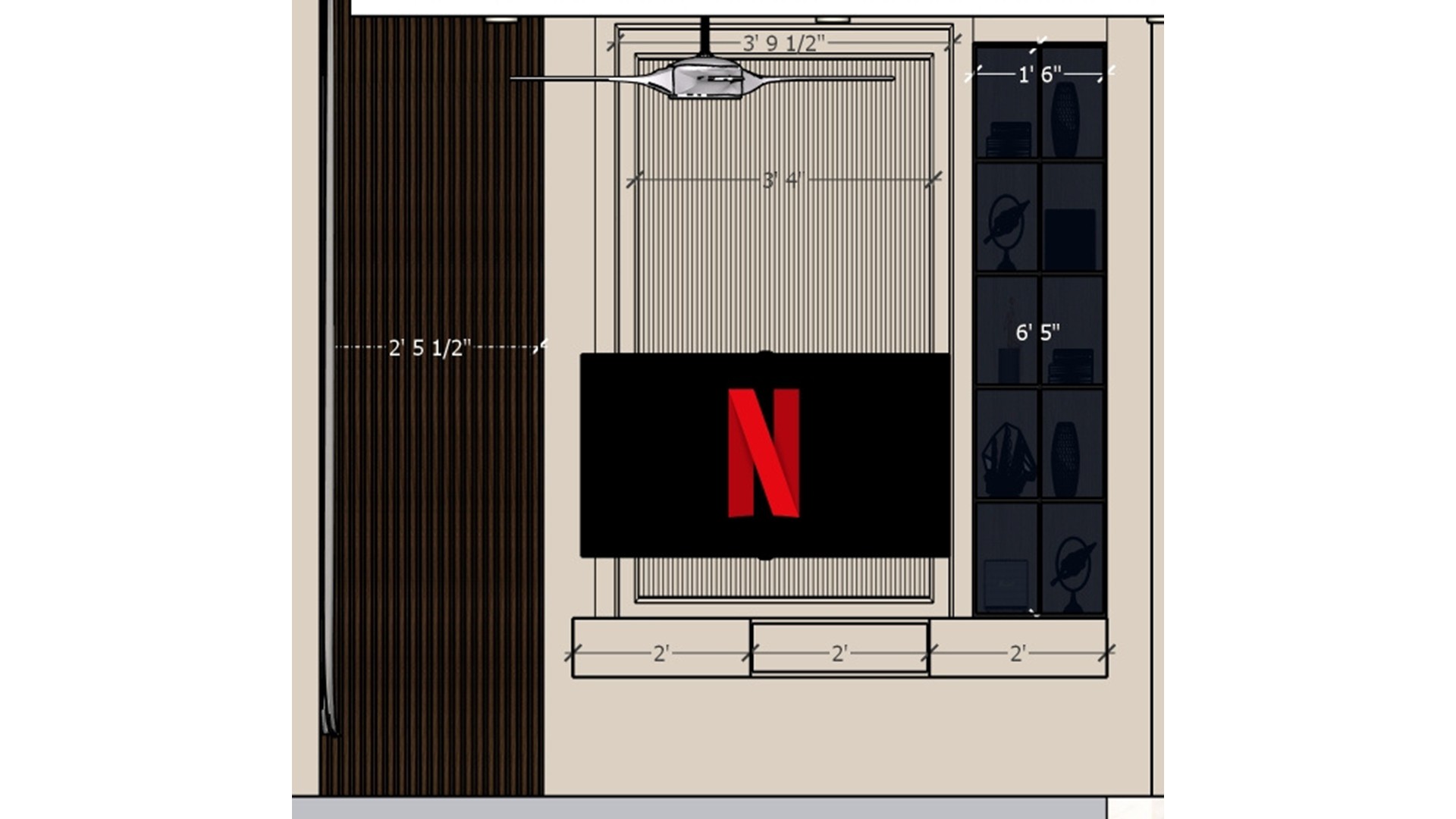 TV wall elevation with dark fluted paneling, a central screen and illuminated display shelves