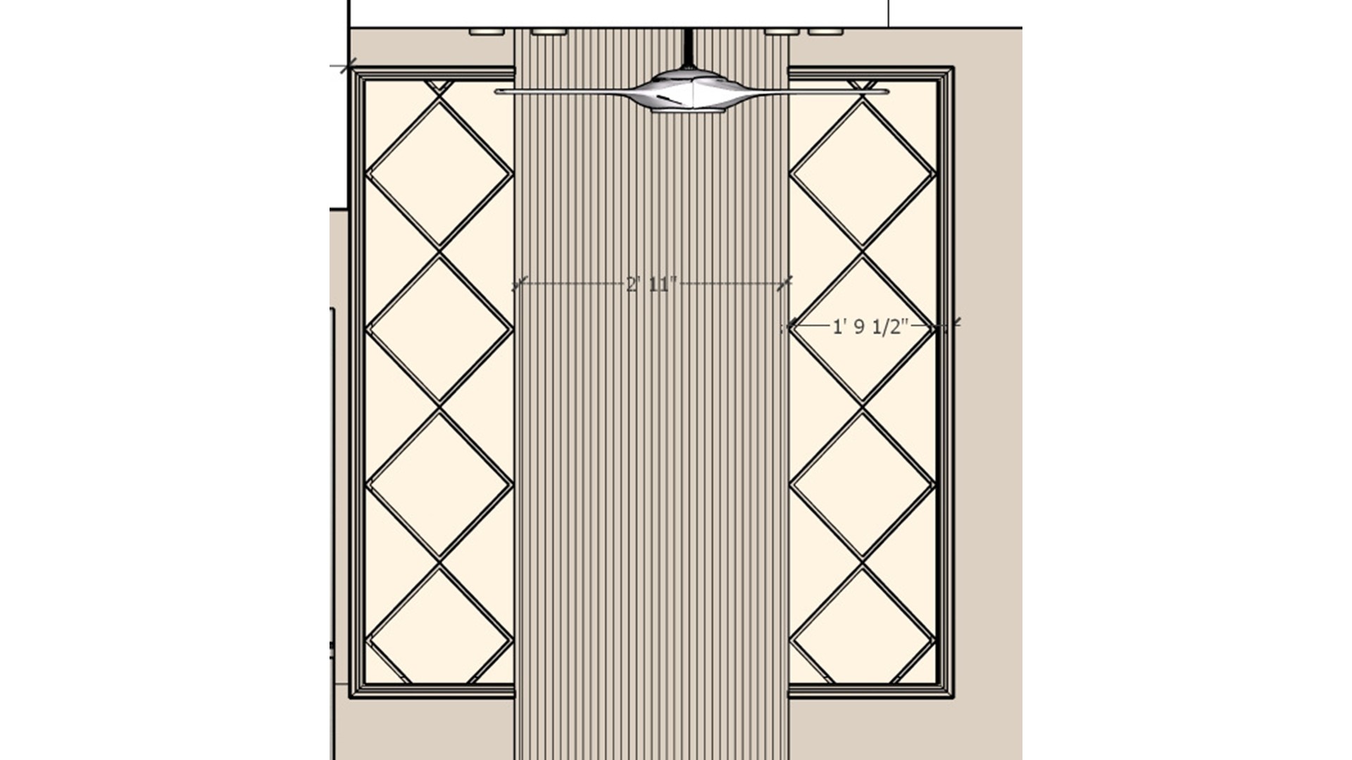 Living room wall elevation with tall framed panels, narrow fluting and a centered pendant light