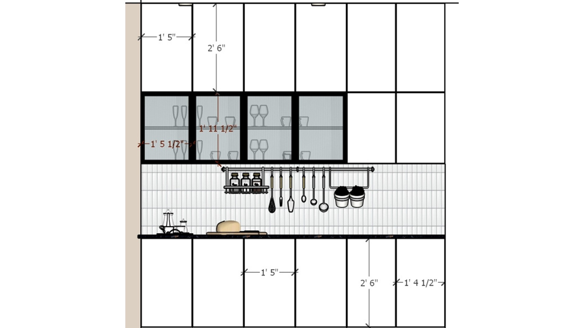 Kitchen wall elevation with glass-front upper cabinets, tiled backsplash and hanging utensil rail
