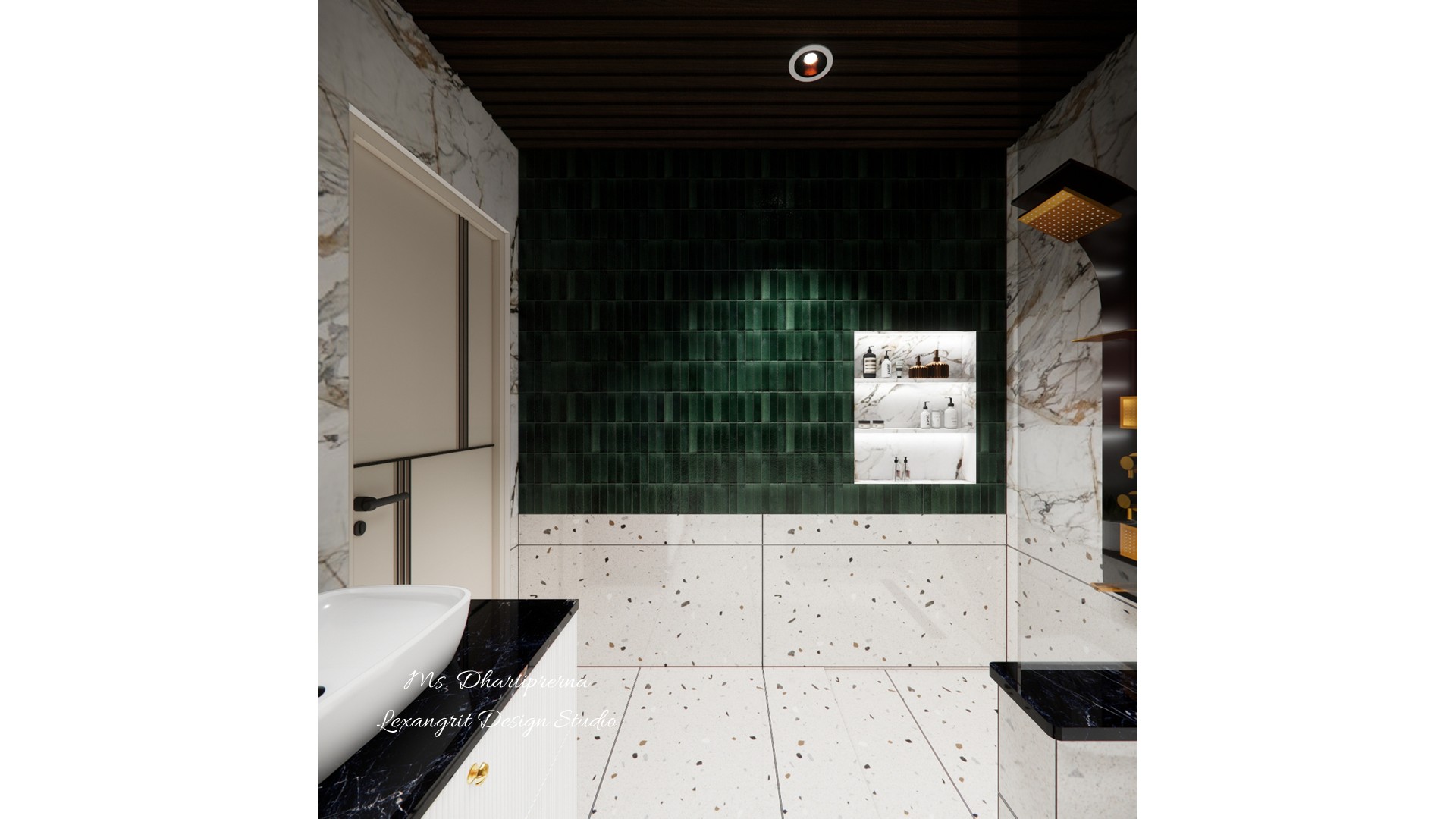 Bathroom view of green glazed tile, white speckled wall tile, dark wood ceiling and built-in shelves