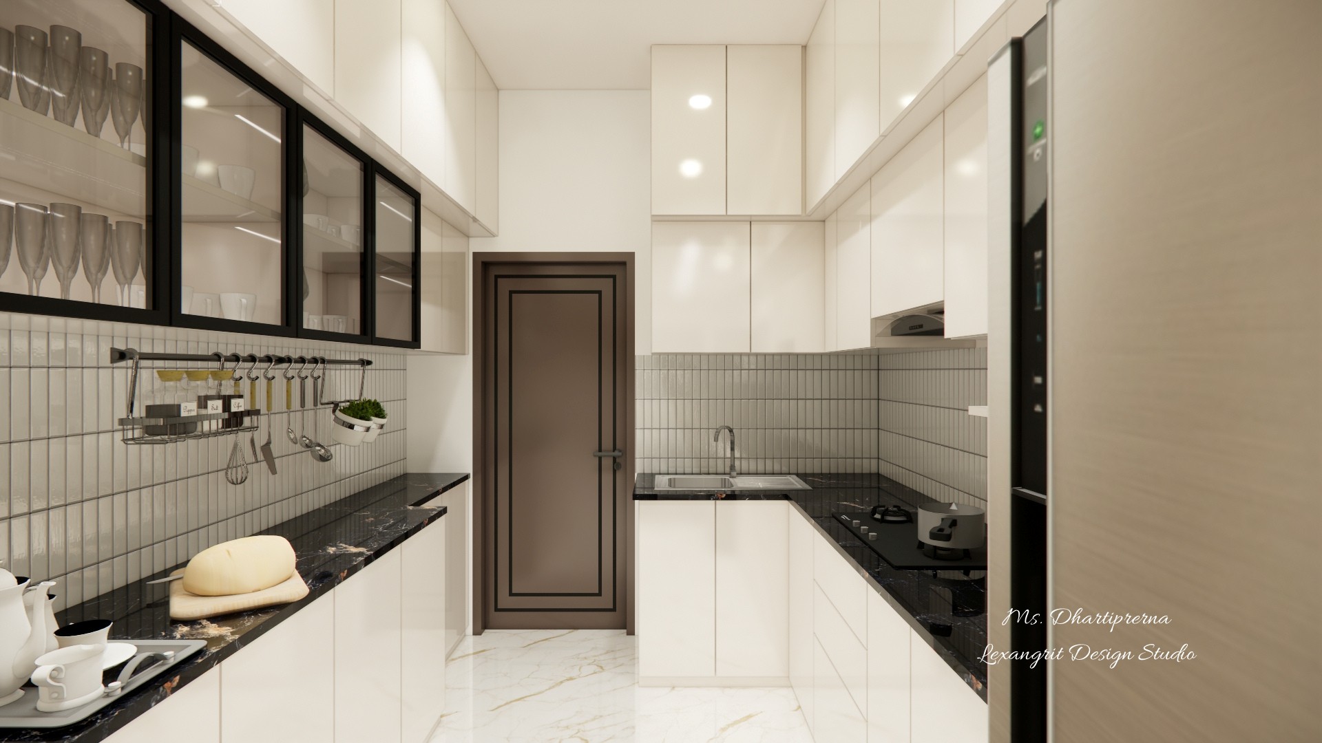 Modern L-shape modular kitchen with black marble countertops, a parallel prep counter on the left, double sink and gas hob on the right, glass shutter wall units, and a tall refrigerator