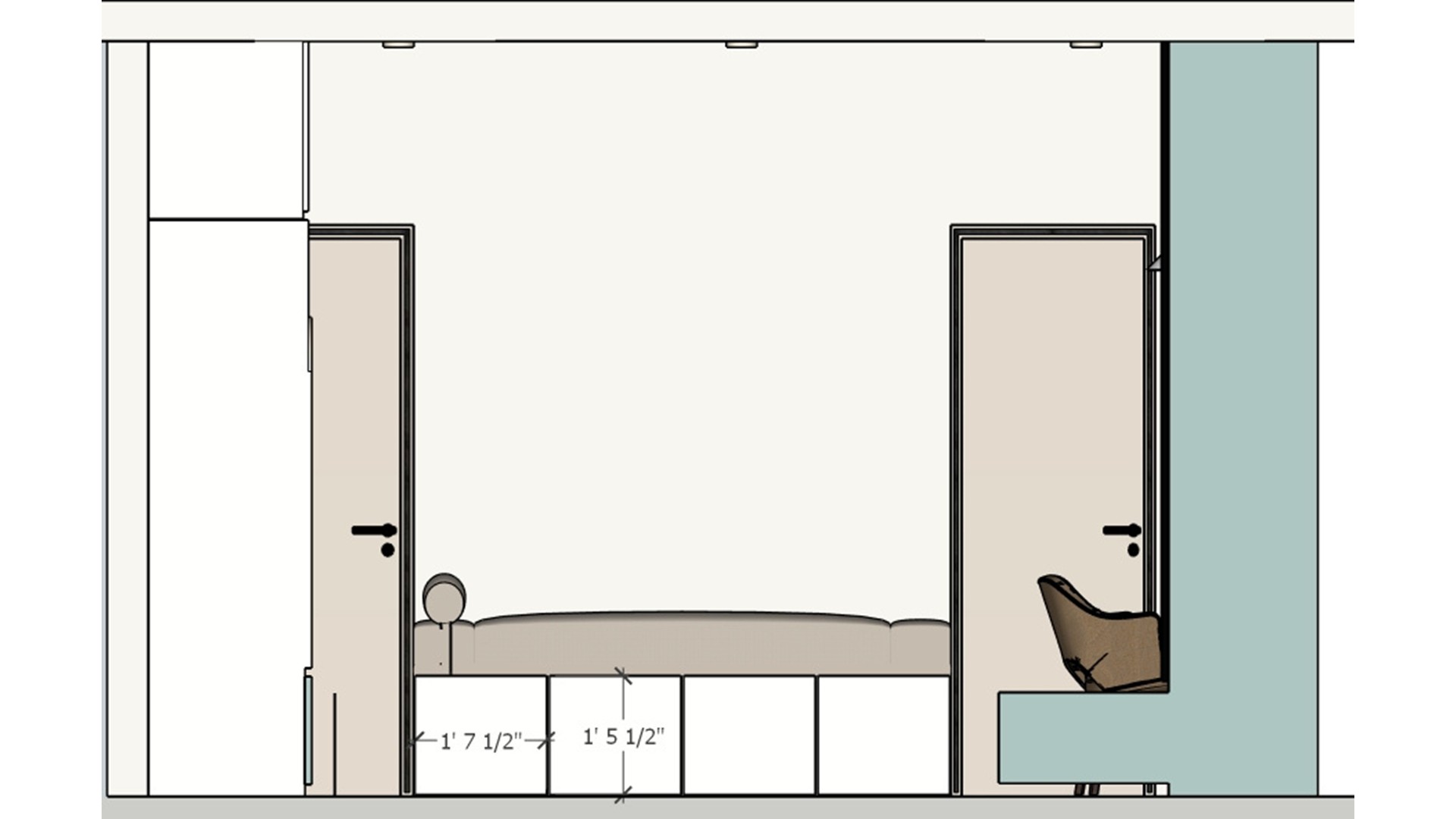 Bedroom wall elevation with a low bed, integrated storage drawers and a contrasting mint side panel