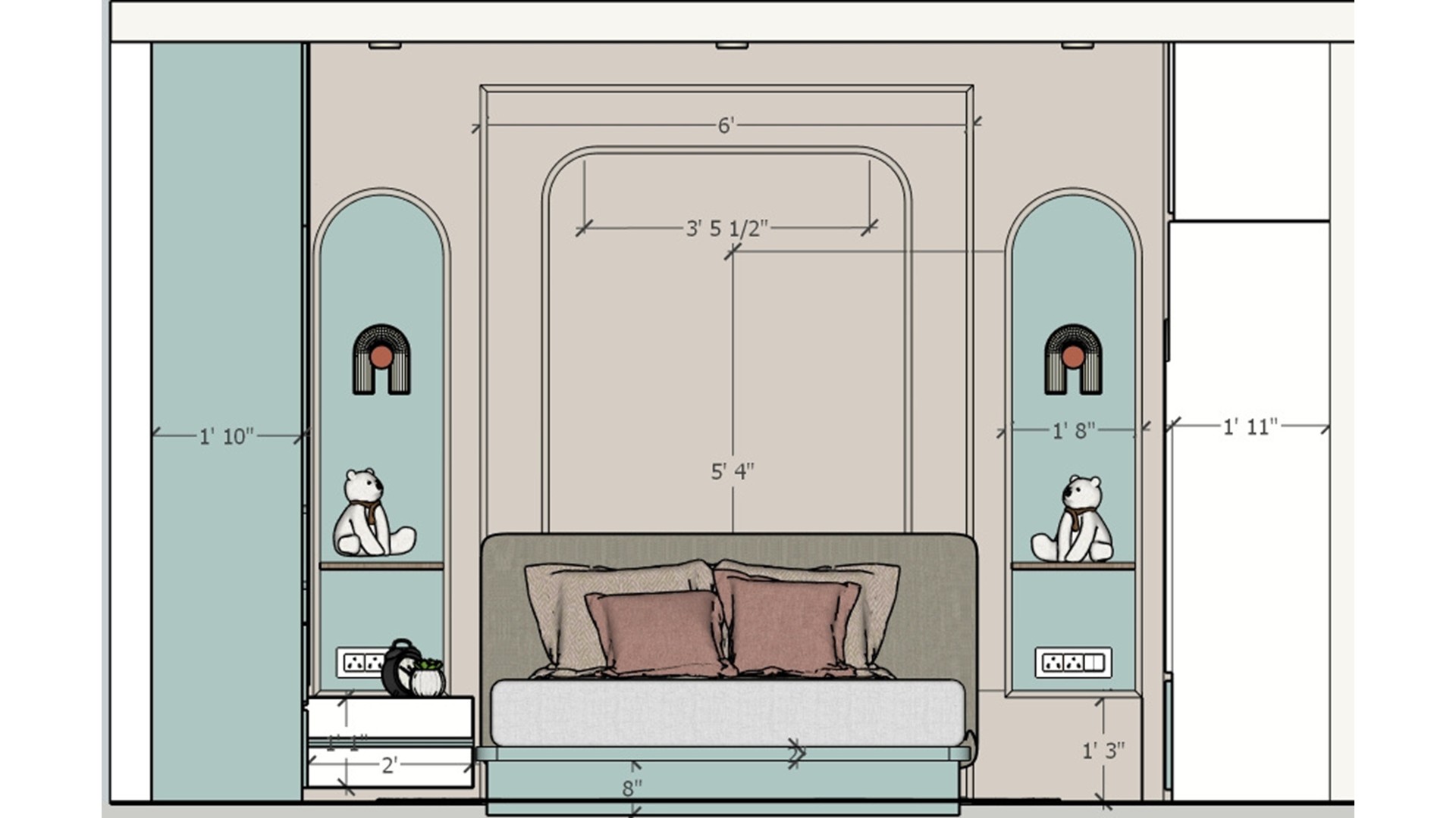 Bedroom view with a mint wardrobe, built in desk, two chairs and soft blush bedding