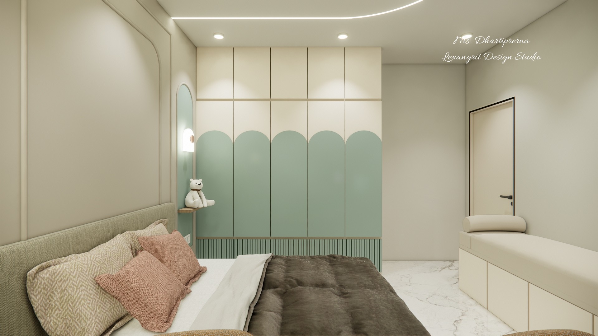 Mint bedroom storage wall with a desk, display shelves and pale wardrobe fronts