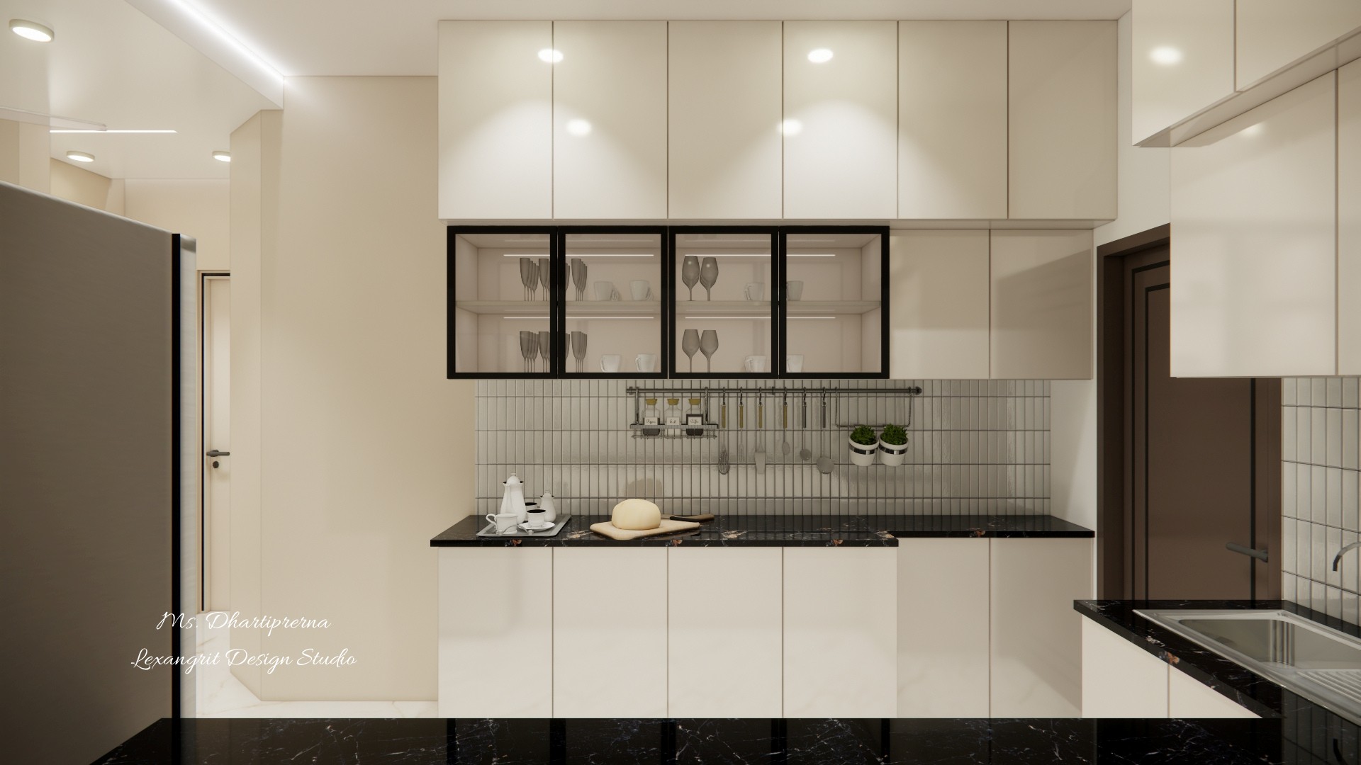 Modern modular kitchen design featuring a black marble chopping counter, cream lower cabinets, a horizontal glass shutter wall unit, and a tiled backsplash with hanging utensils