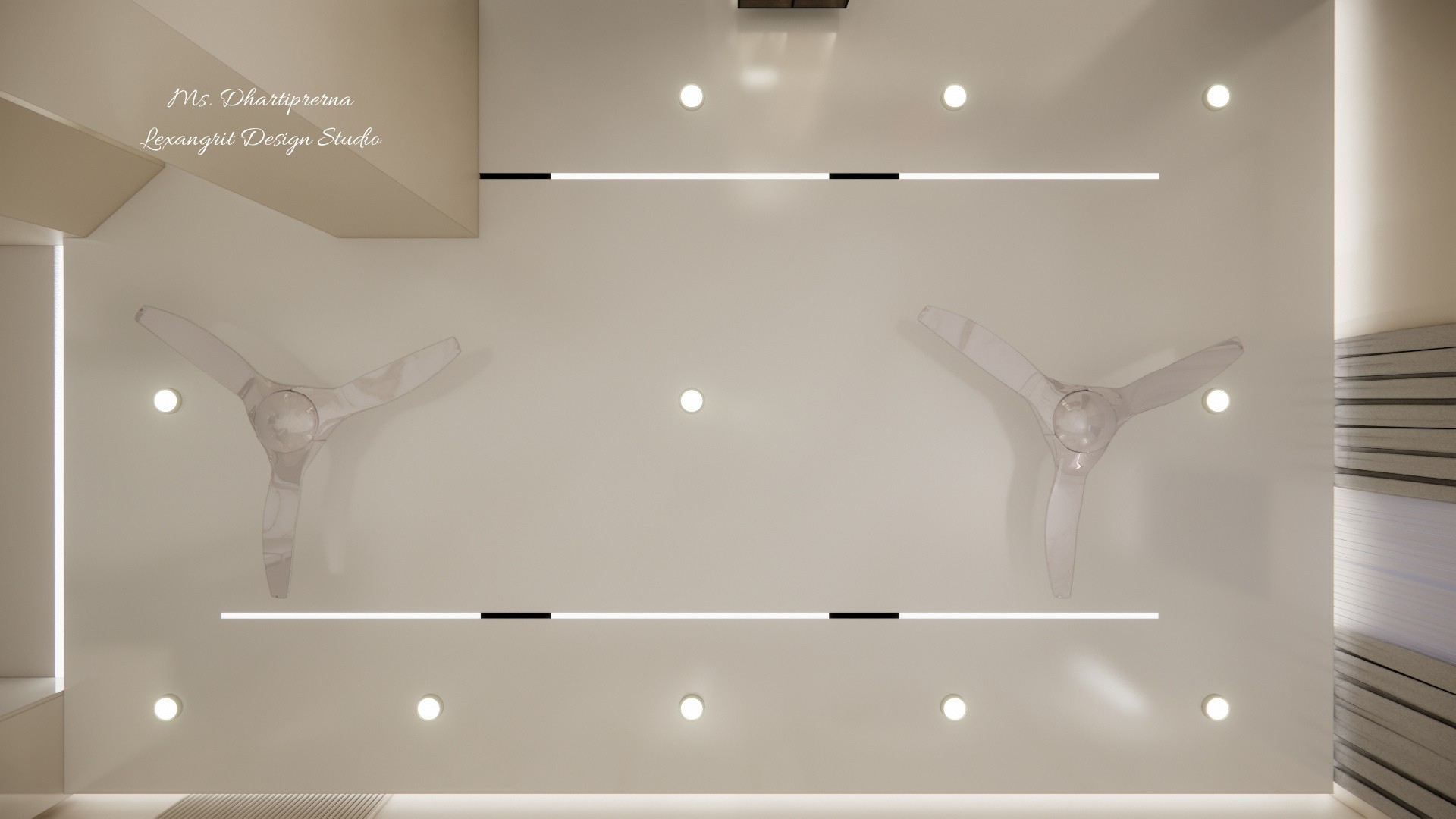 Top view of a plain false ceiling design featuring two modern ceiling fans, recessed linear profile lights, and round LED spotlights on a flat white surface