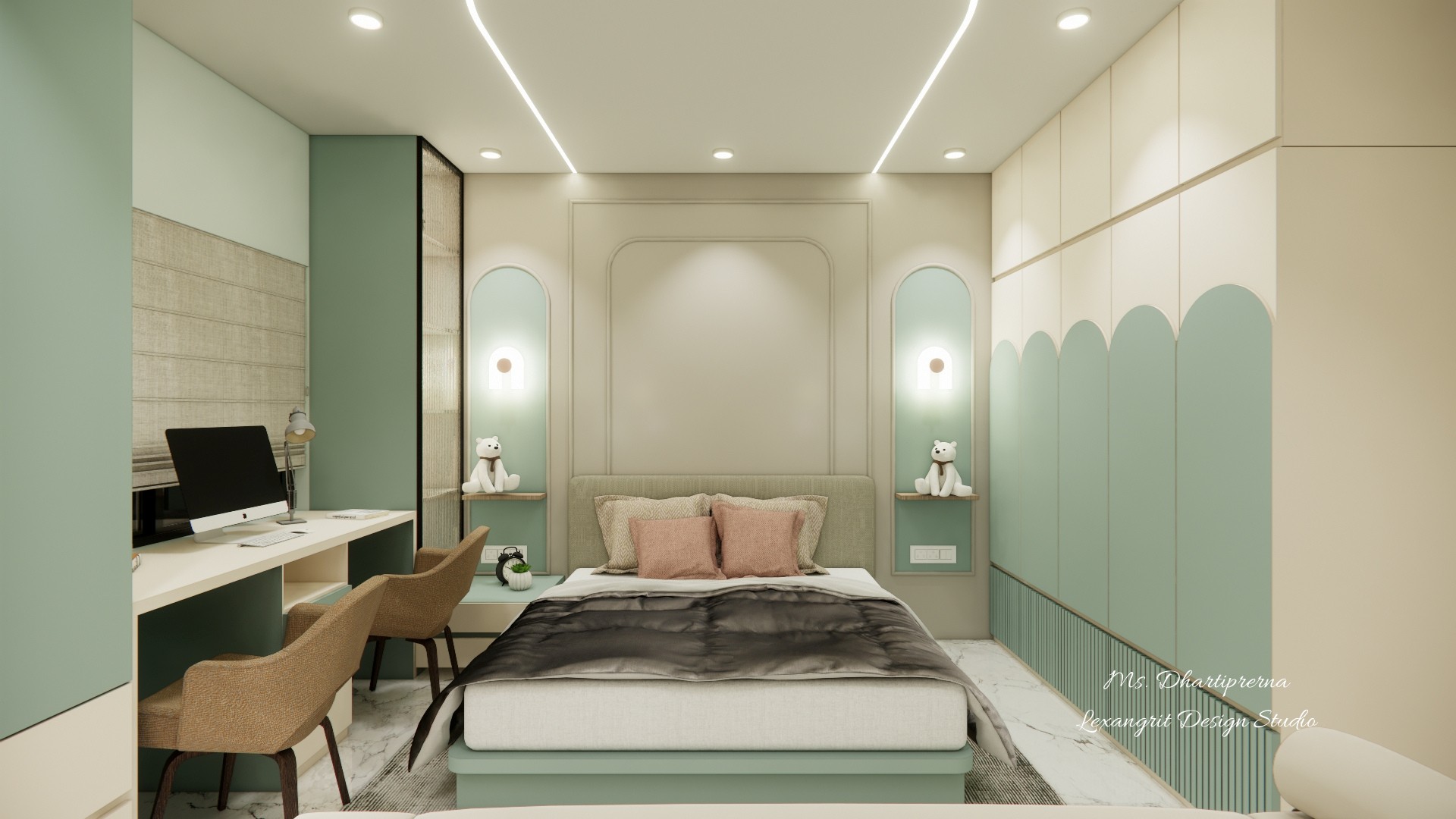 Bedroom with a mint scalloped wardrobe, centered bed, paired wall lights and curved ceiling detail