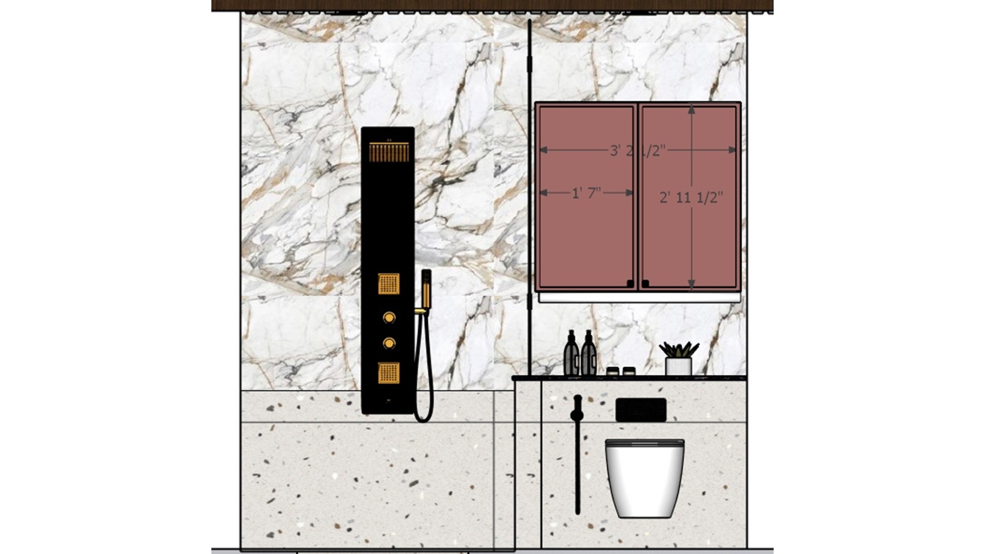 Bathroom shower elevation with a black shower column, white stone wall and muted rose storage cabinet