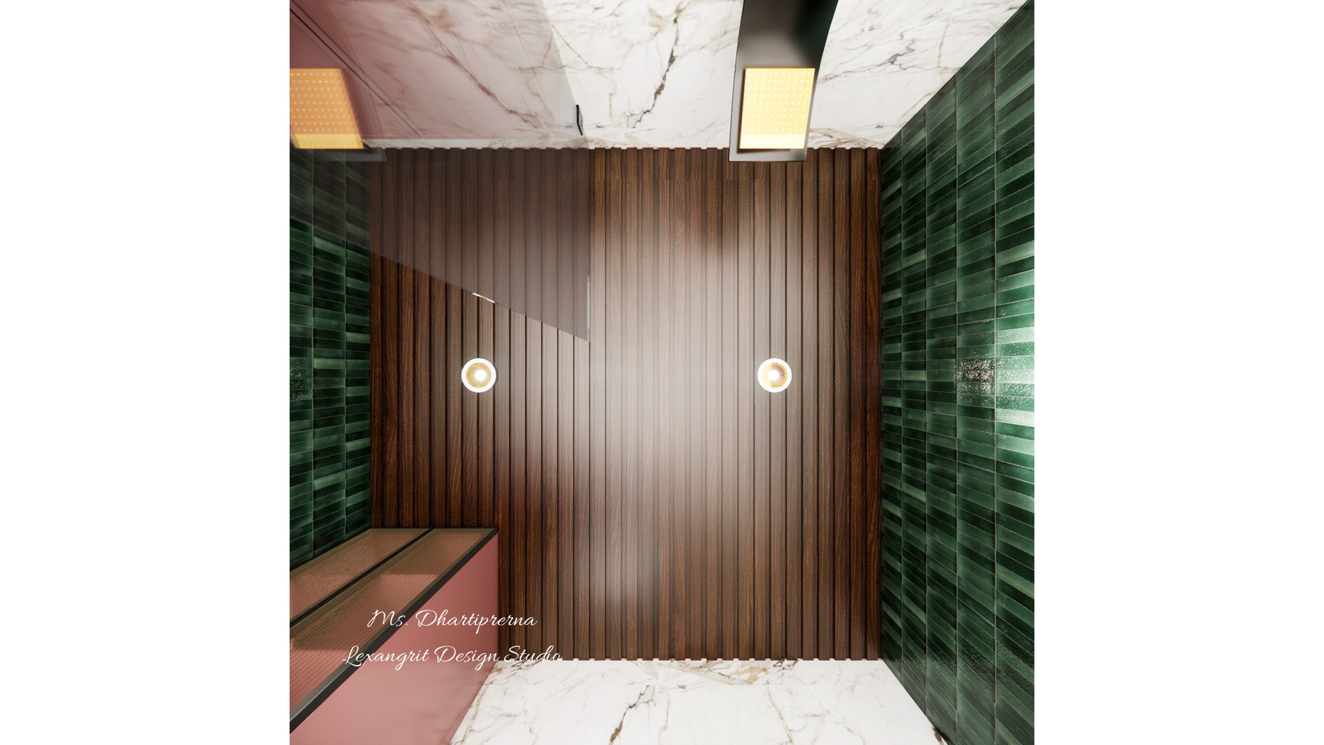 Bathroom feature wall with vertical wood slats, two round lights and glossy green side tiles
