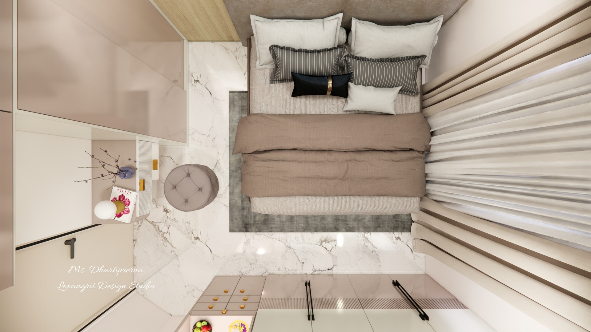 Neutral bedroom with a taupe upholstered bed, textured headboard wall, light curtains and round stool