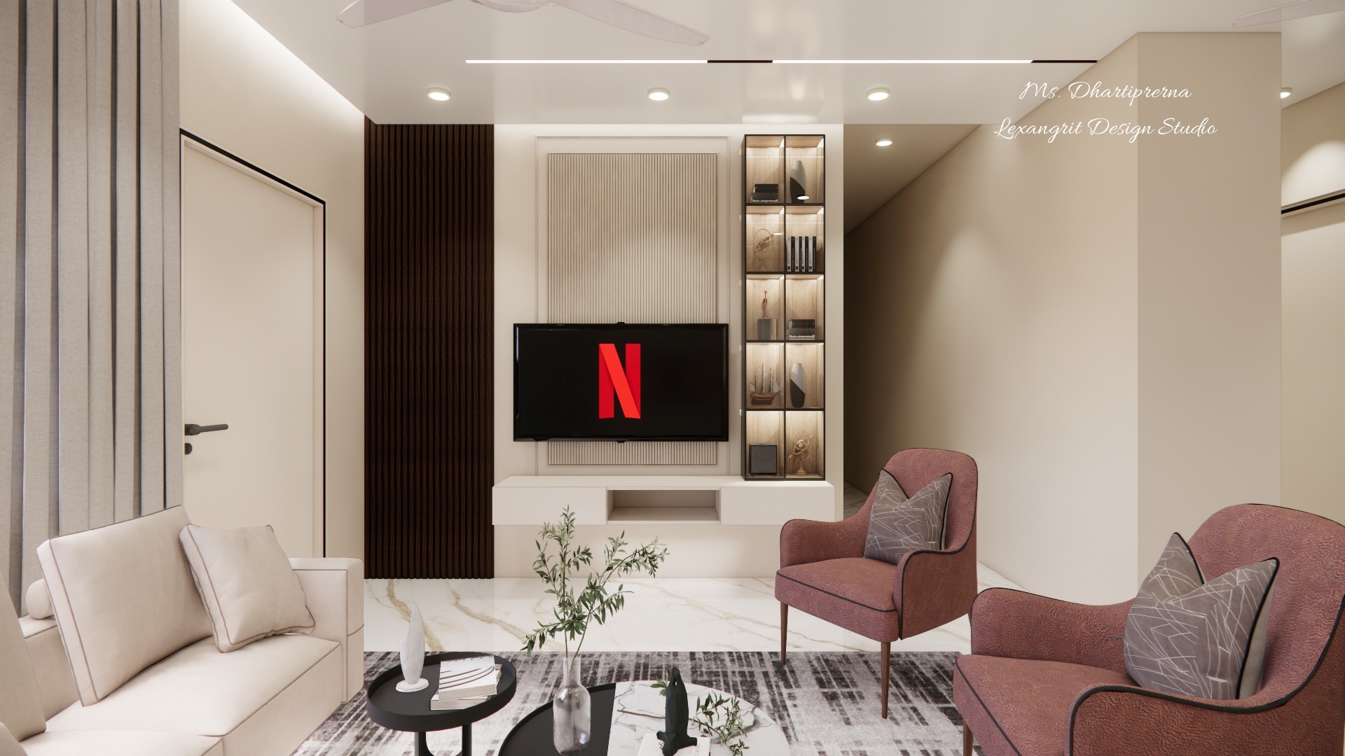 Modern living room TV unit design with wall-mounted television, vertical fluted wood panelling, glass display cabinet with lights, and a floating white console