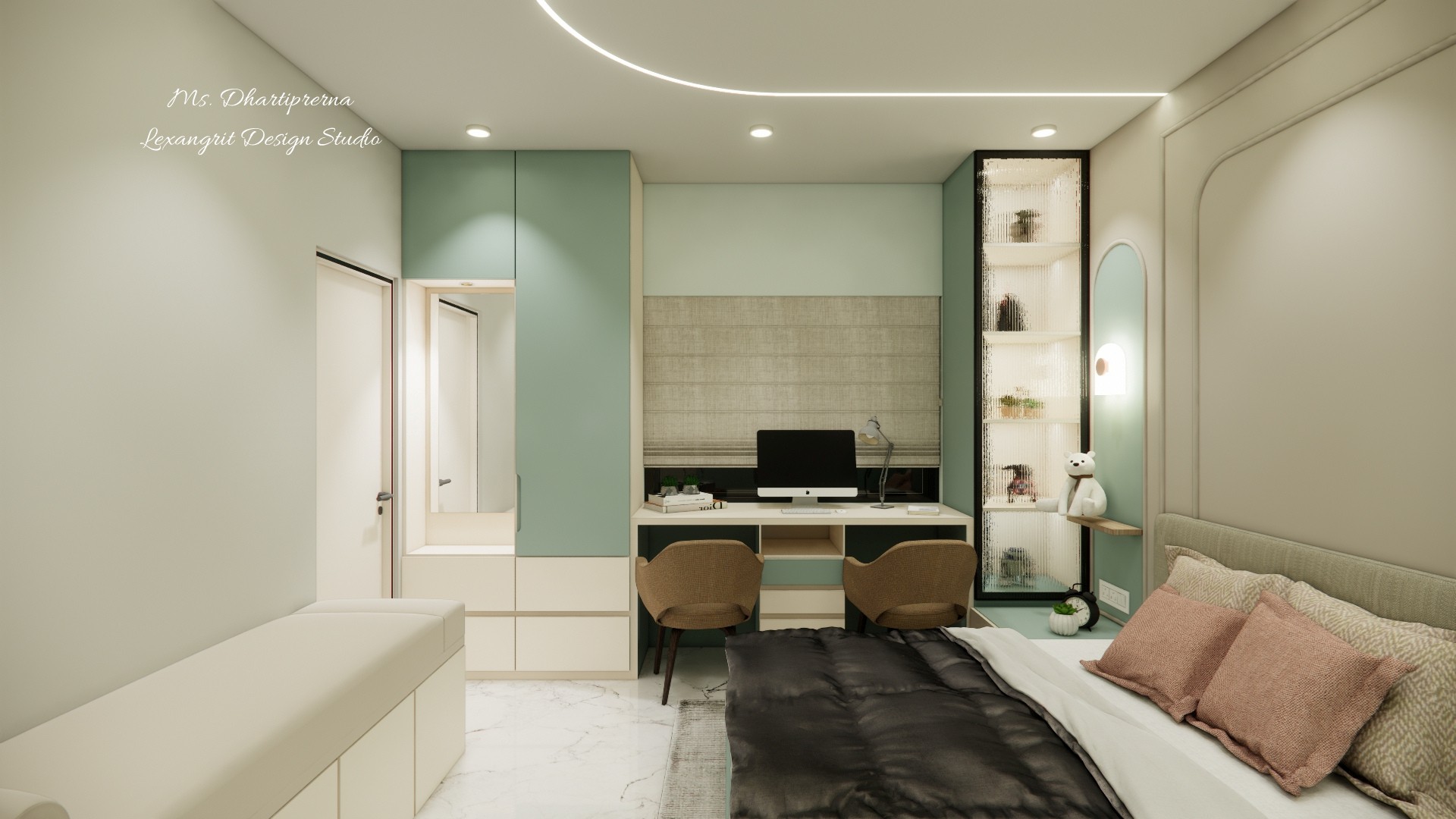 Bedroom work wall with two doors, a long desk, two chairs and mint cabinetry around the workstation
