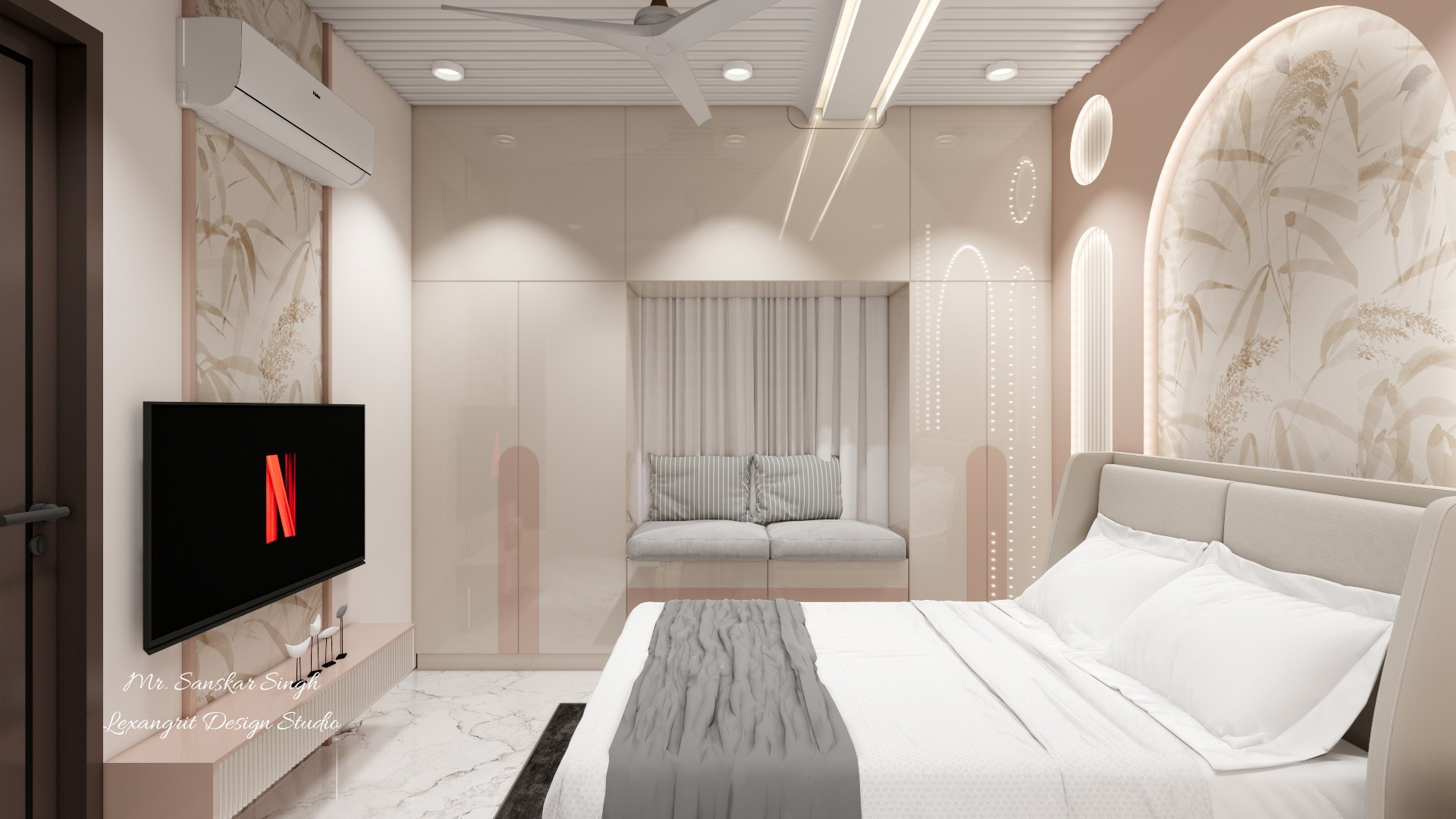 Light bedroom with upholstered bed, arched botanical headboard wall, built-in window bench, wall-mounted television, and marble-look flooring.