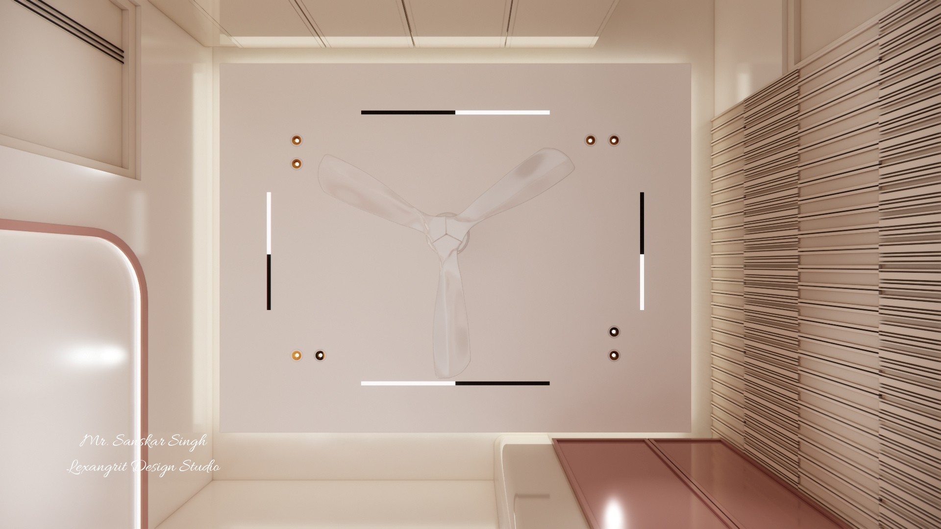 Bedroom ceiling feature with a central fan, four short linear light bars, small spotlights, pale recessed panel, and ribbed wall detail.
