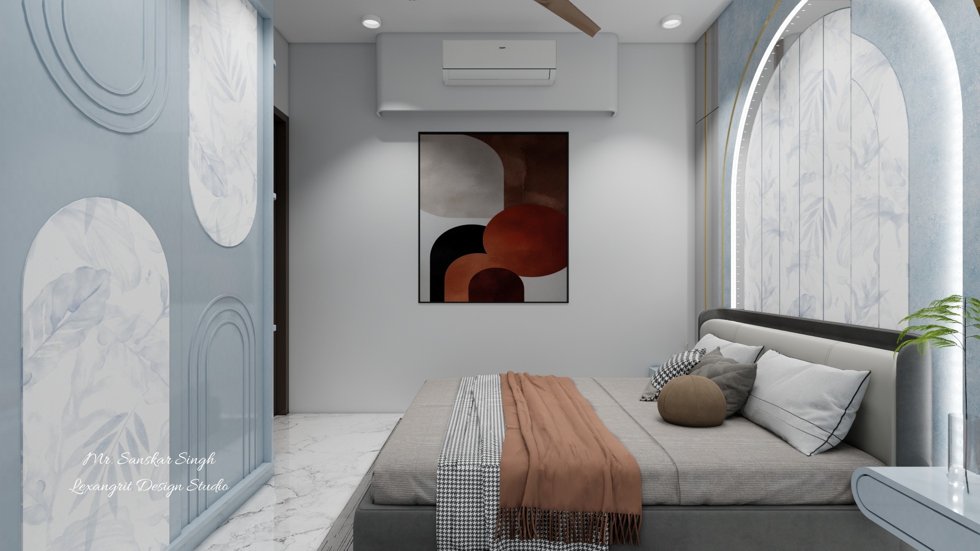 Blue and gray bedroom with arched botanical panels, low upholstered bed, terracotta throw, abstract art, marble flooring, and recessed ceiling lights.