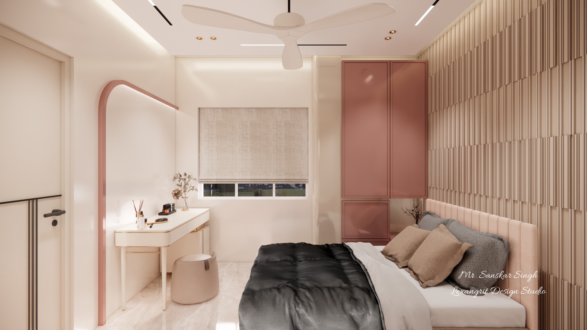 Blush bedroom with an upholstered bed, dark cover, vertical slat headboard wall, tall pink wardrobe, window seat area, and a small dressing desk.