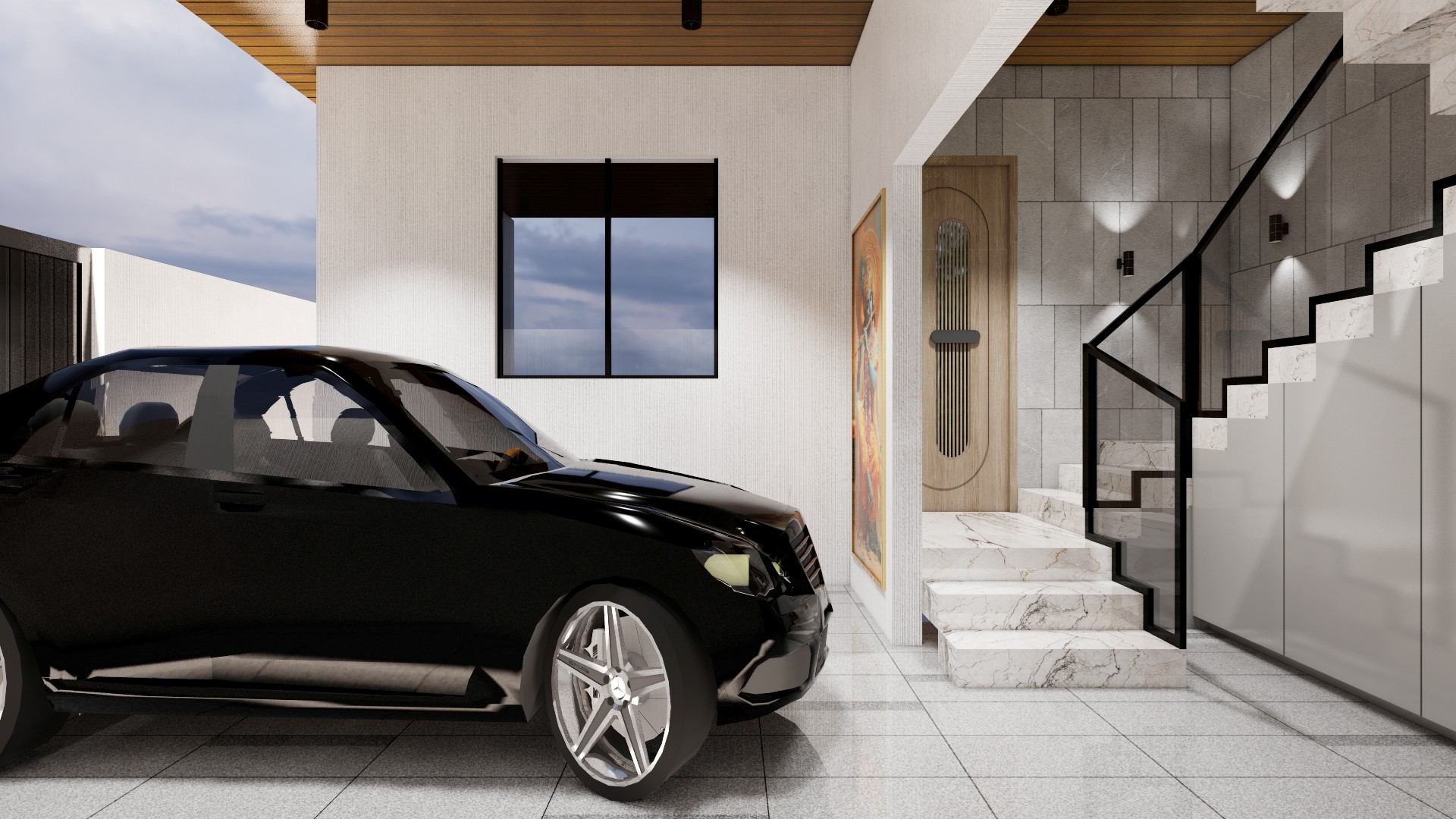 Covered entry with a black car, tiled floor, wood ceiling, marble stairs, black railing, and a tall decorative front door.