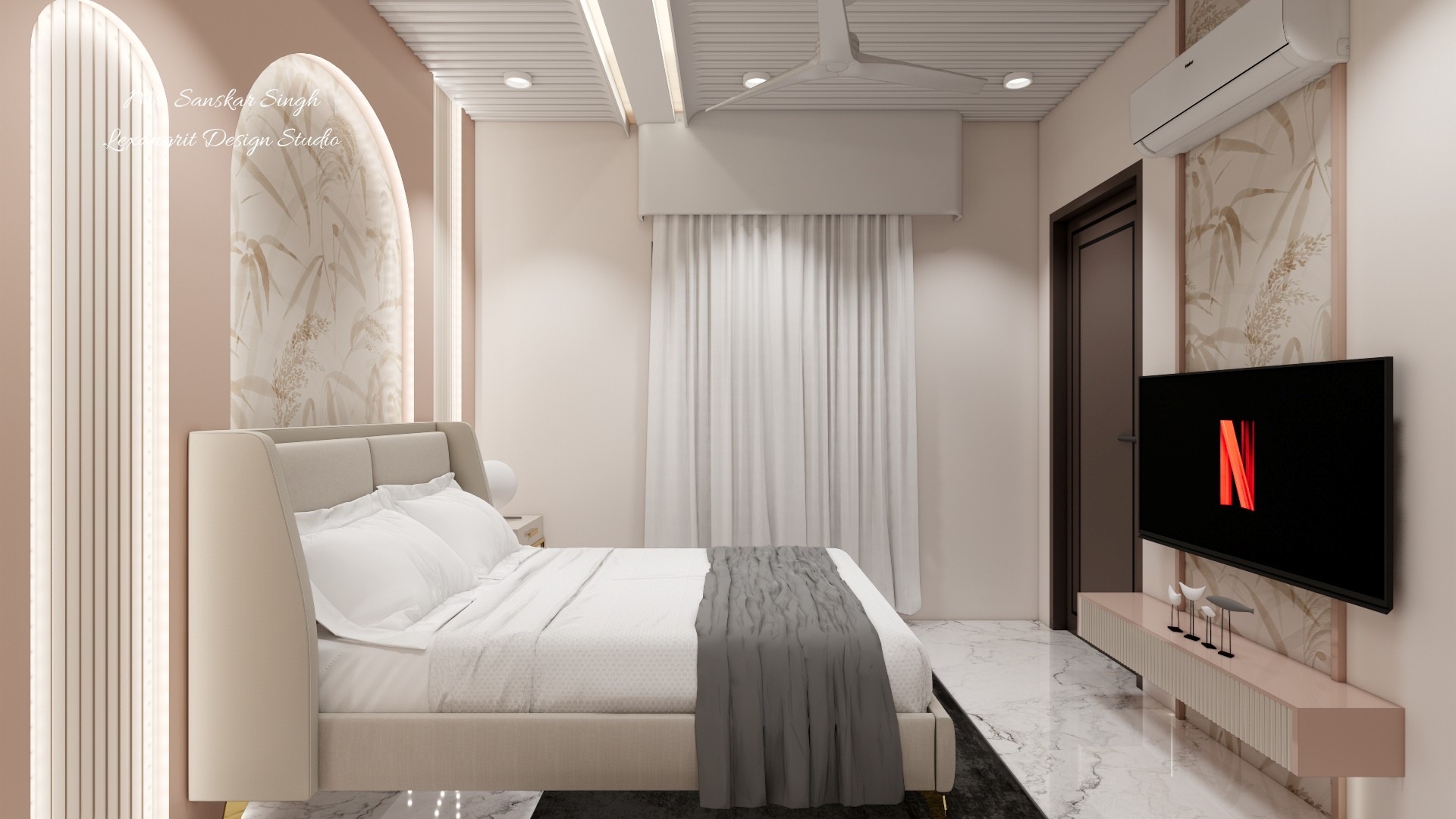Cream bedroom with a sculpted upholstered bed, blush botanical wall panels, wall-mounted television, floating console, soft curtains, and marble-look flooring.