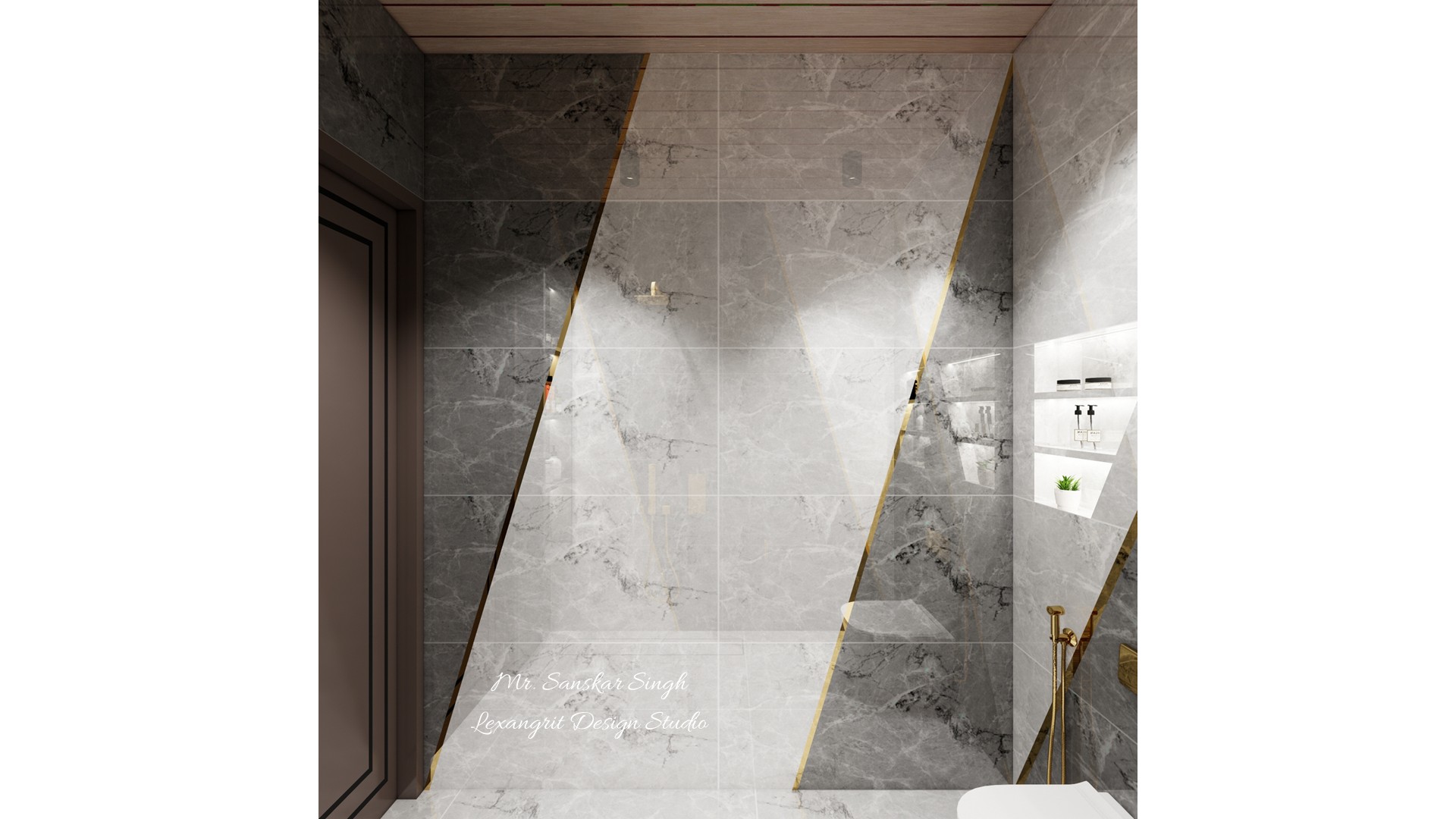 Bathroom wall with broad diagonal gray marble panels, thin gold borders, recessed product niches, a dark doorway, and a partial toilet below.