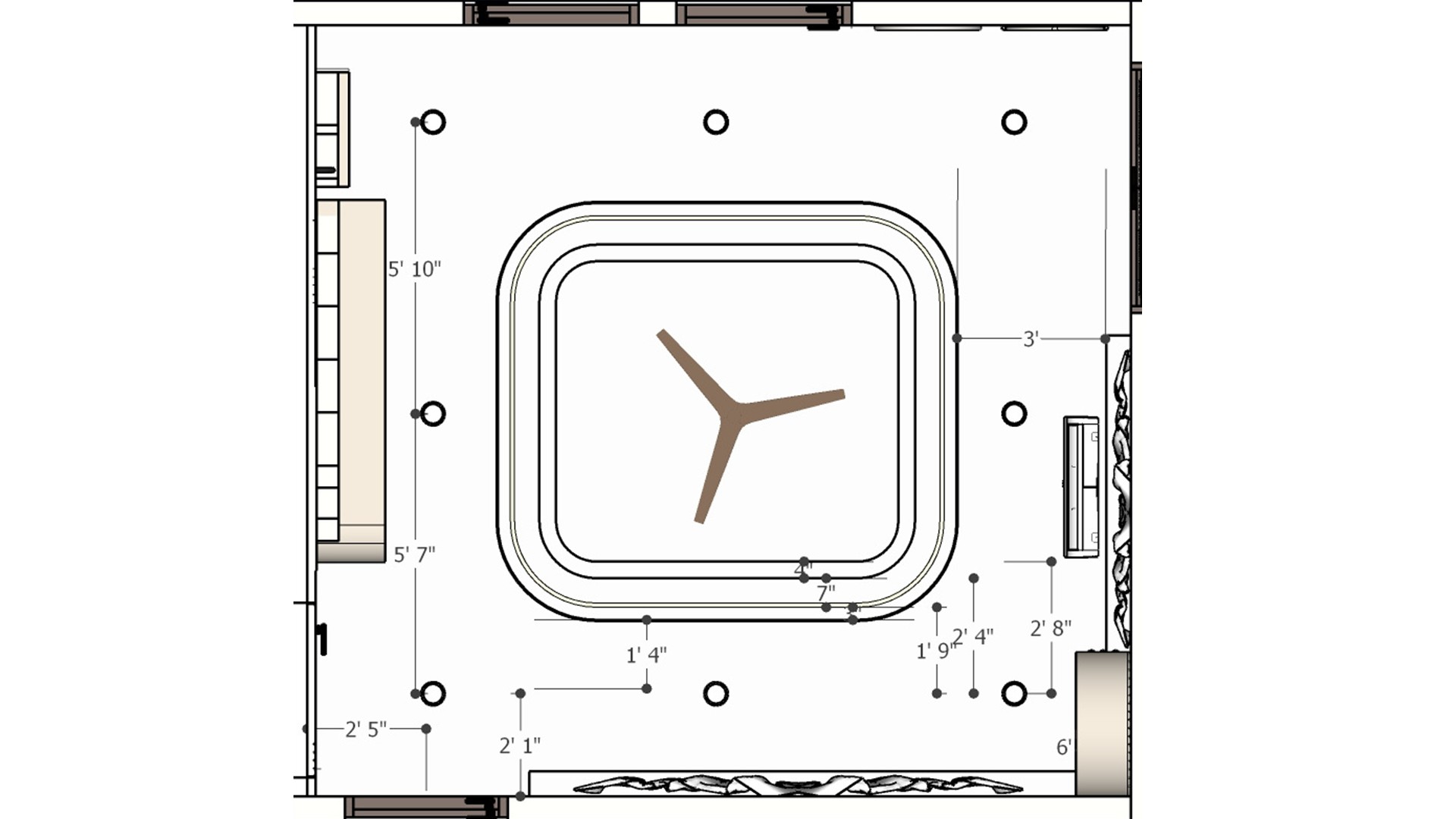 Ceiling plan drawing shows a rounded rectangular cove around a central fan, with evenly distributed downlights and dimension callouts.