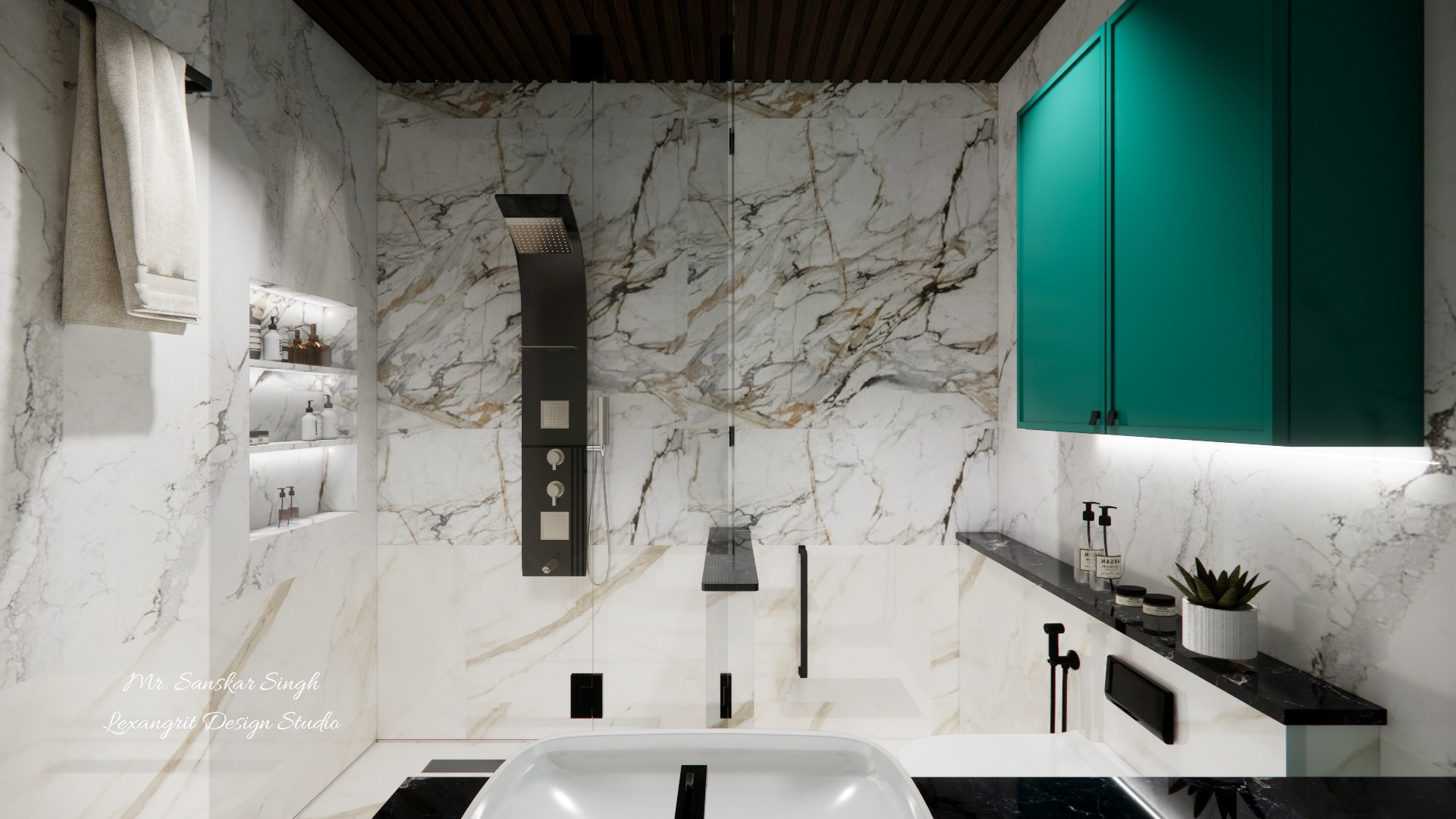 Marble bathroom with a freestanding tub, glass shower, teal wall cabinets, black vanity counter, recessed product niches, and dark slatted ceiling.