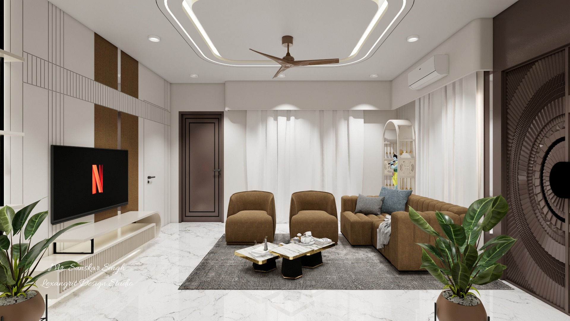 Bright living room with brown sectional seating, marble floors, a layered ceiling, full-height curtains, potted plants, and a textured rug.