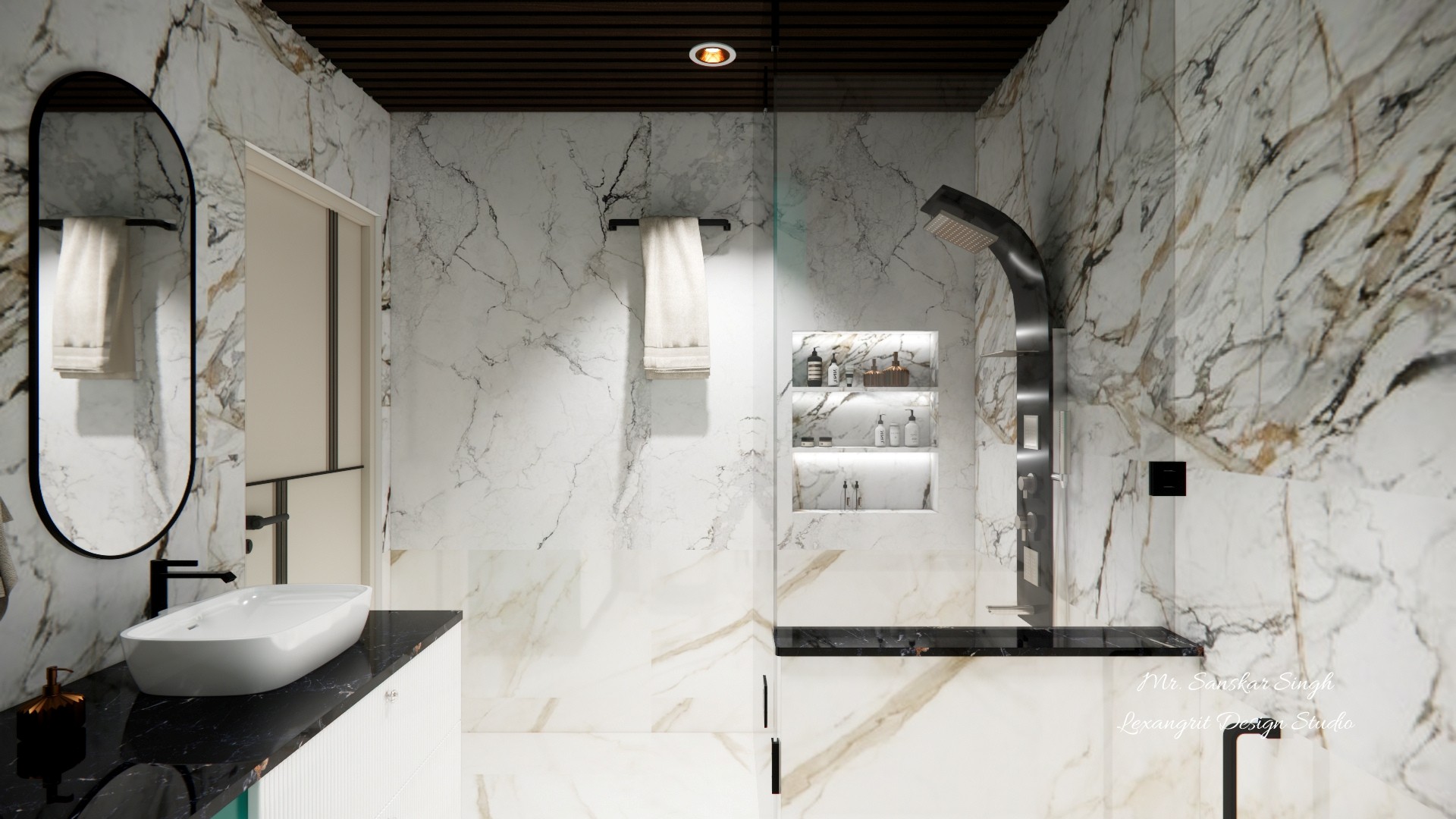 White marble bathroom with an oval mirror above a black vanity, glass shower enclosure, illuminated bottle niche, and dark slatted ceiling.