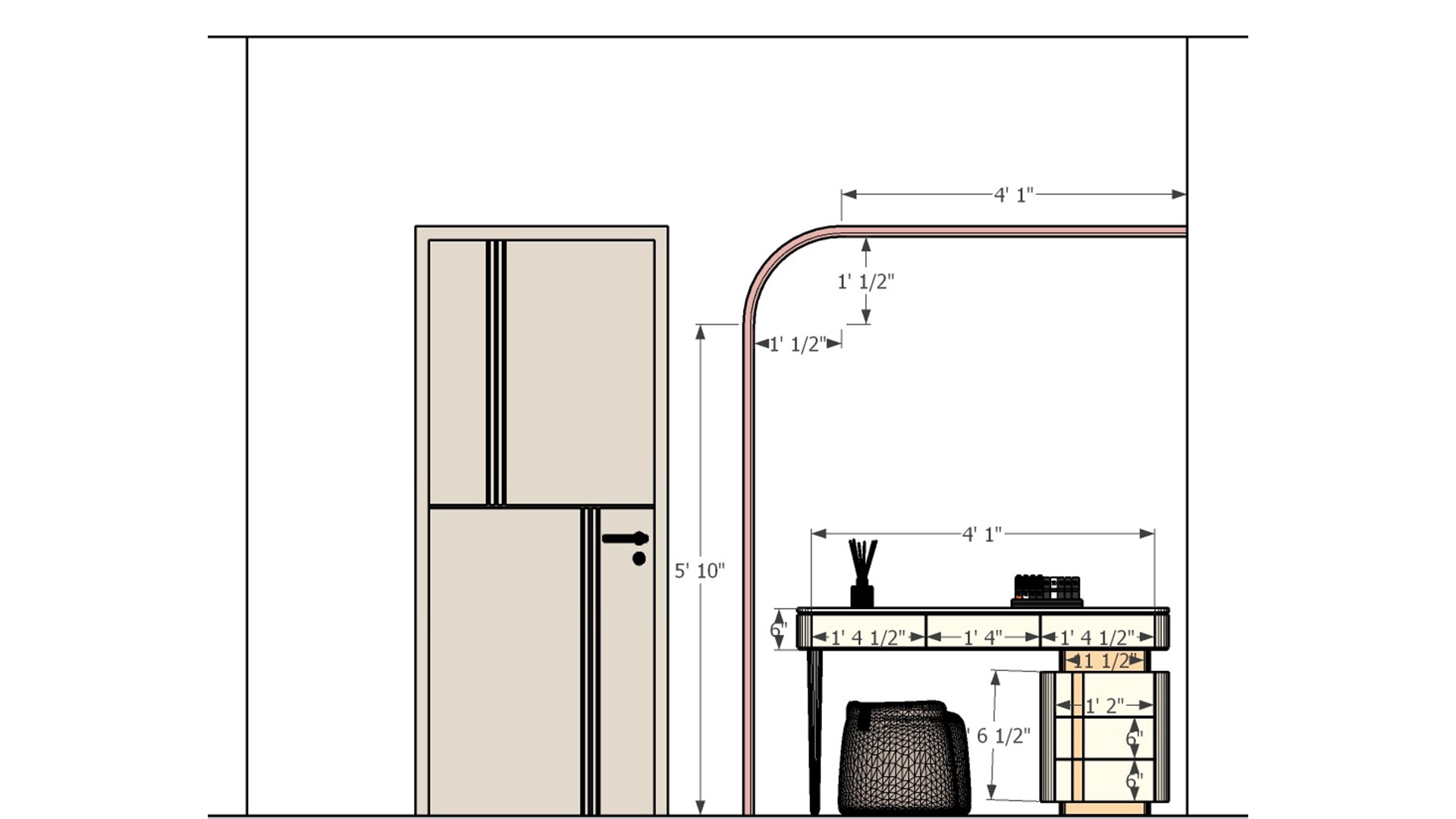 Measured dressing area elevation with a compact vanity desk, stool, drawer storage, curved wall trim, and adjacent paneled bedroom door.