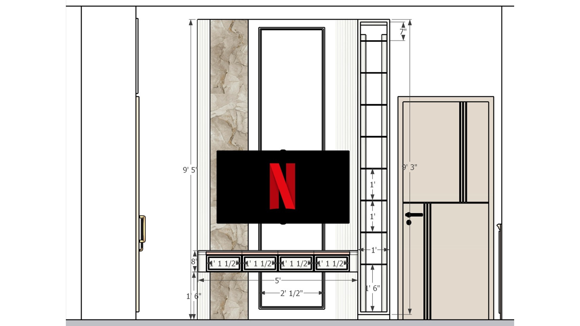 Measured bedroom media wall elevation with a centered television, textured vertical panels, slim display shelves, floating console, and paneled door.