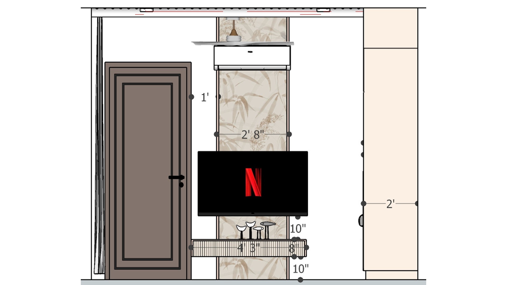 Measured bedroom television wall elevation with patterned center panel, wall-mounted screen, slim console, paneled door, and ceiling AC.