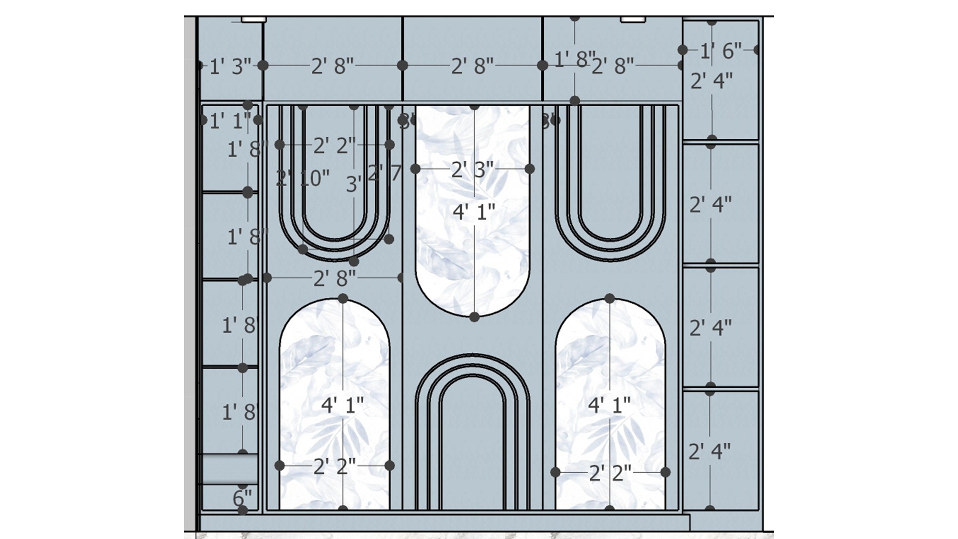 Dimensioned blue bedroom feature wall elevation with repeated arches, botanical inserts, vertical trim, and measured panel spacing.
