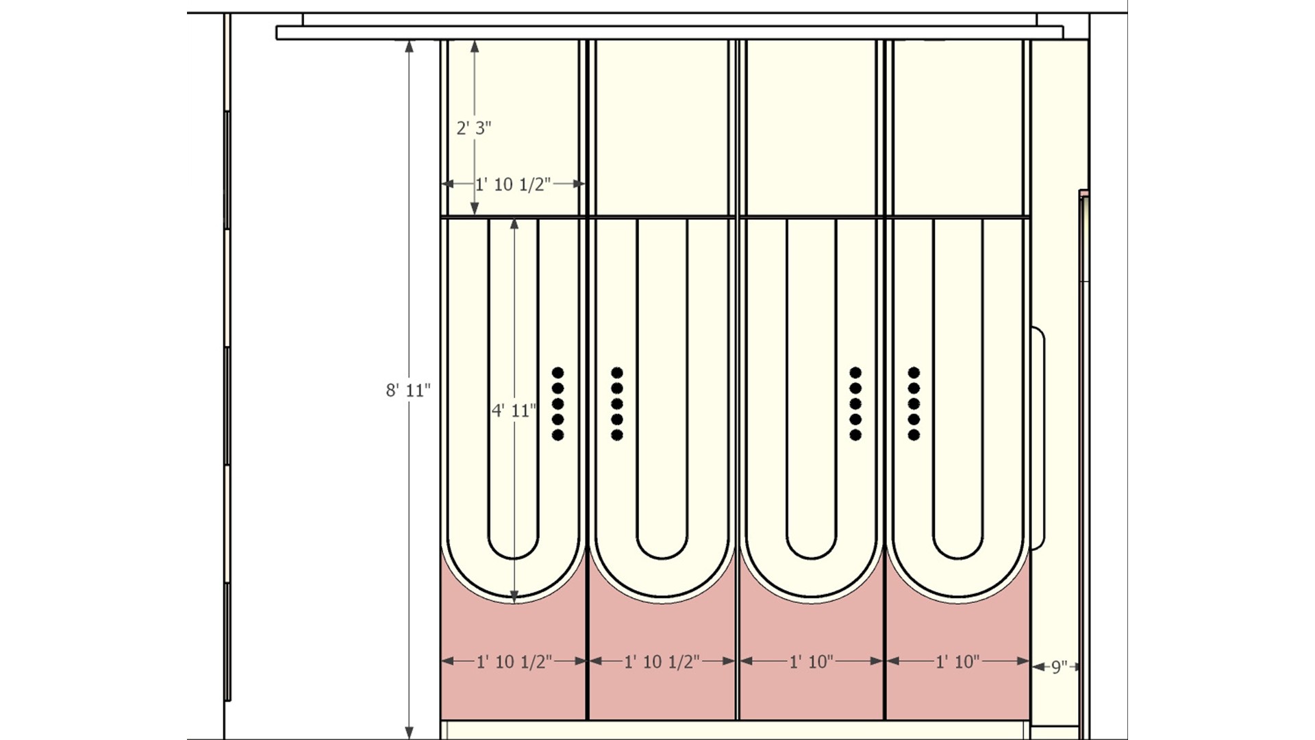 Measured wardrobe elevation with four cream doors, elongated curved lower panels, blush base sections, black pulls, and labeled panel widths.