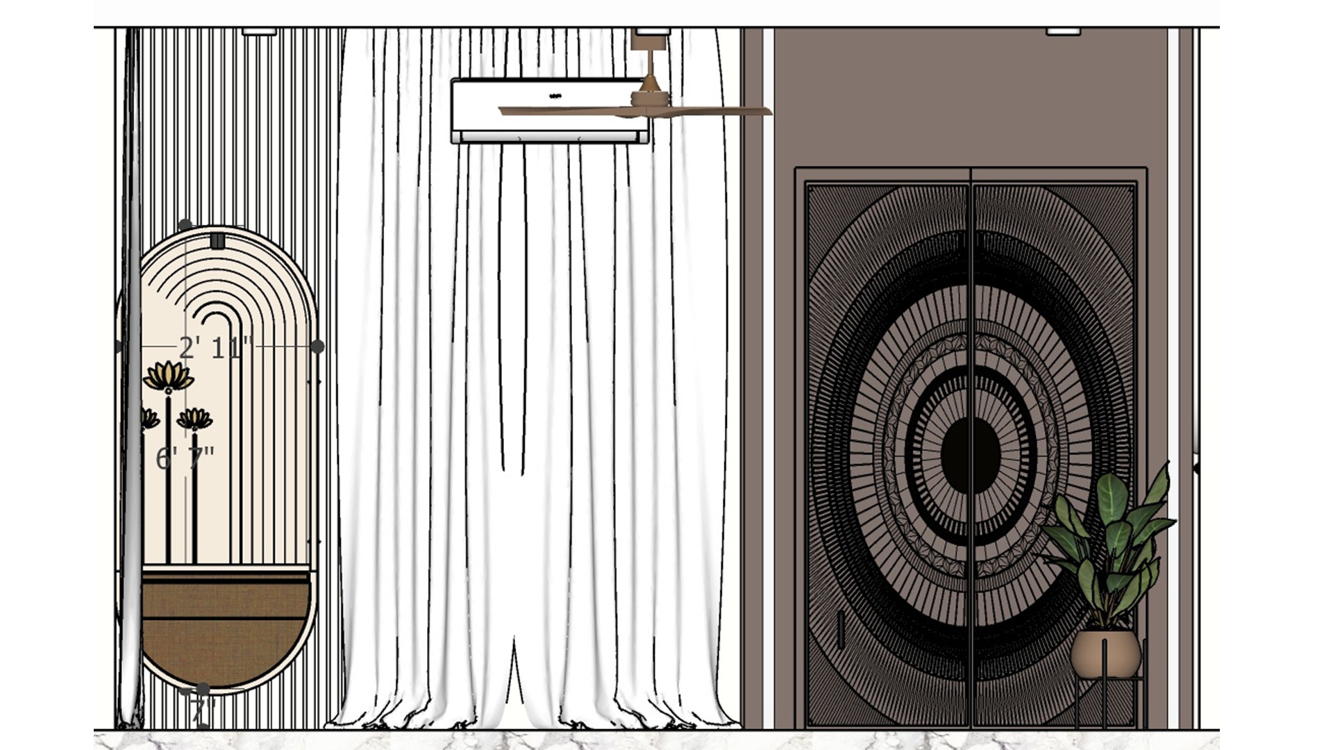 Elevation drawing of a circular carved wall panel beside full-height curtains, an arched niche, a potted plant, and marked dimensions.