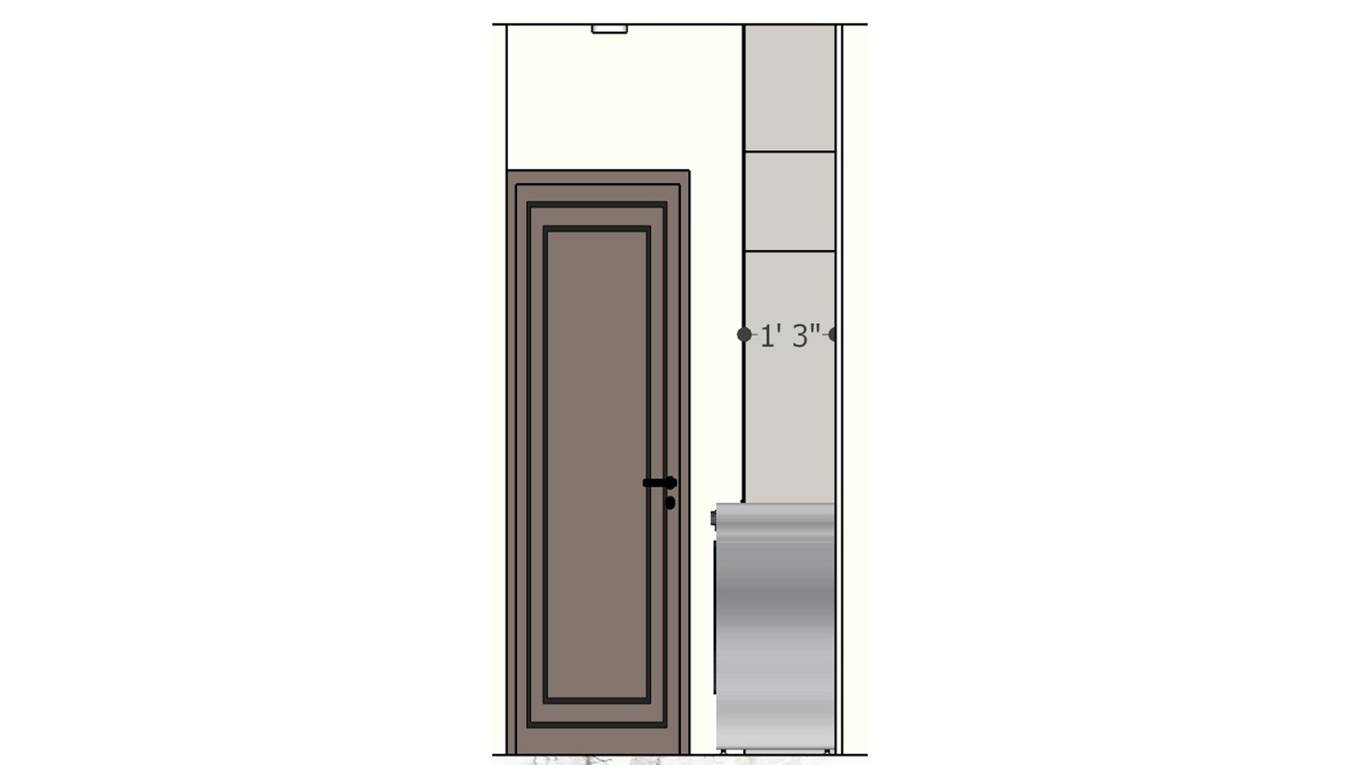Doorway elevation drawing with a dark framed door, adjacent tall cabinet panels, a narrow side counter, and a marked width dimension.