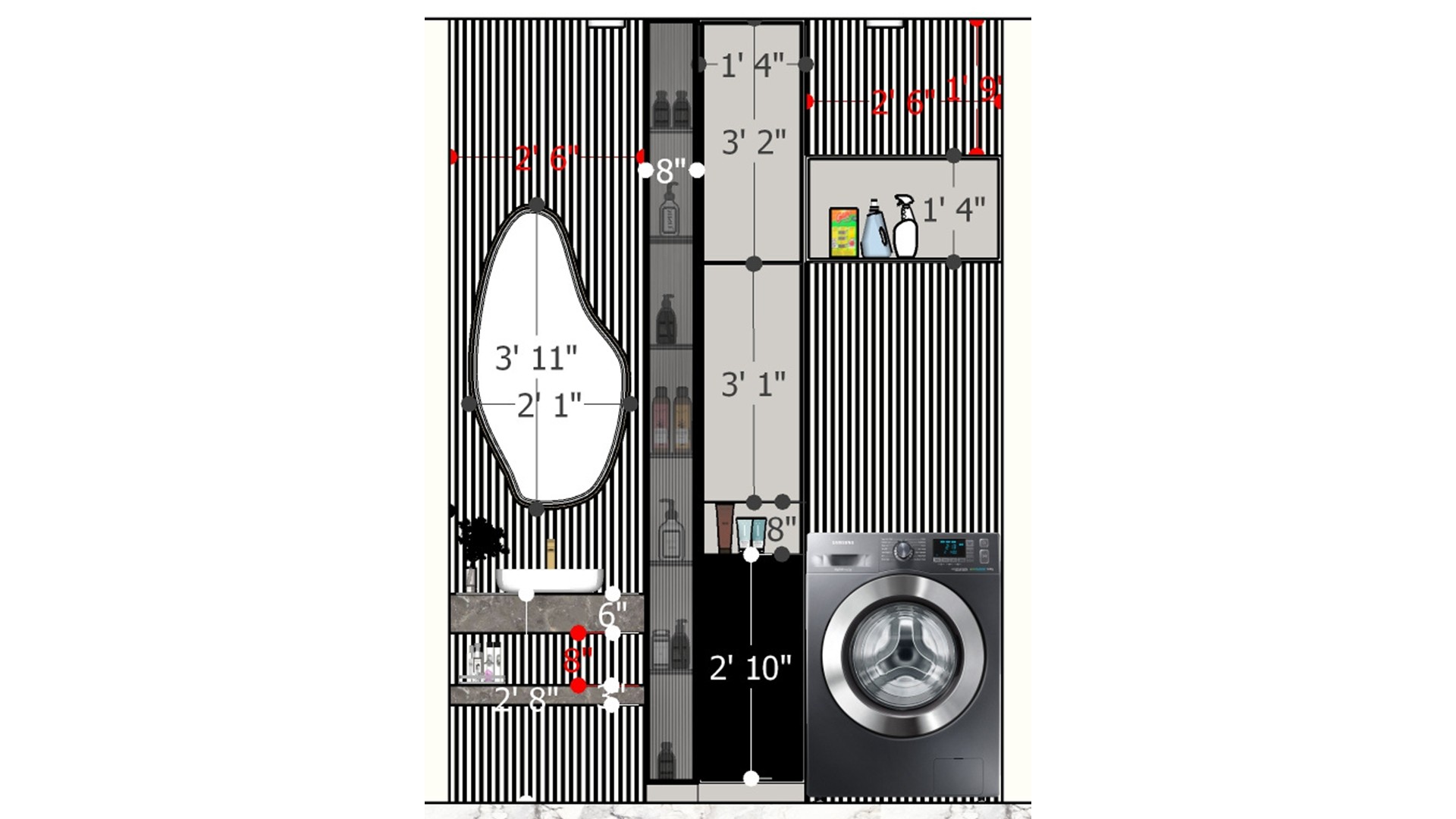 Dimensioned laundry wall elevation with a front-loading washer, fluted panels, irregular mirror, floating sink, open shelves, and measurements.