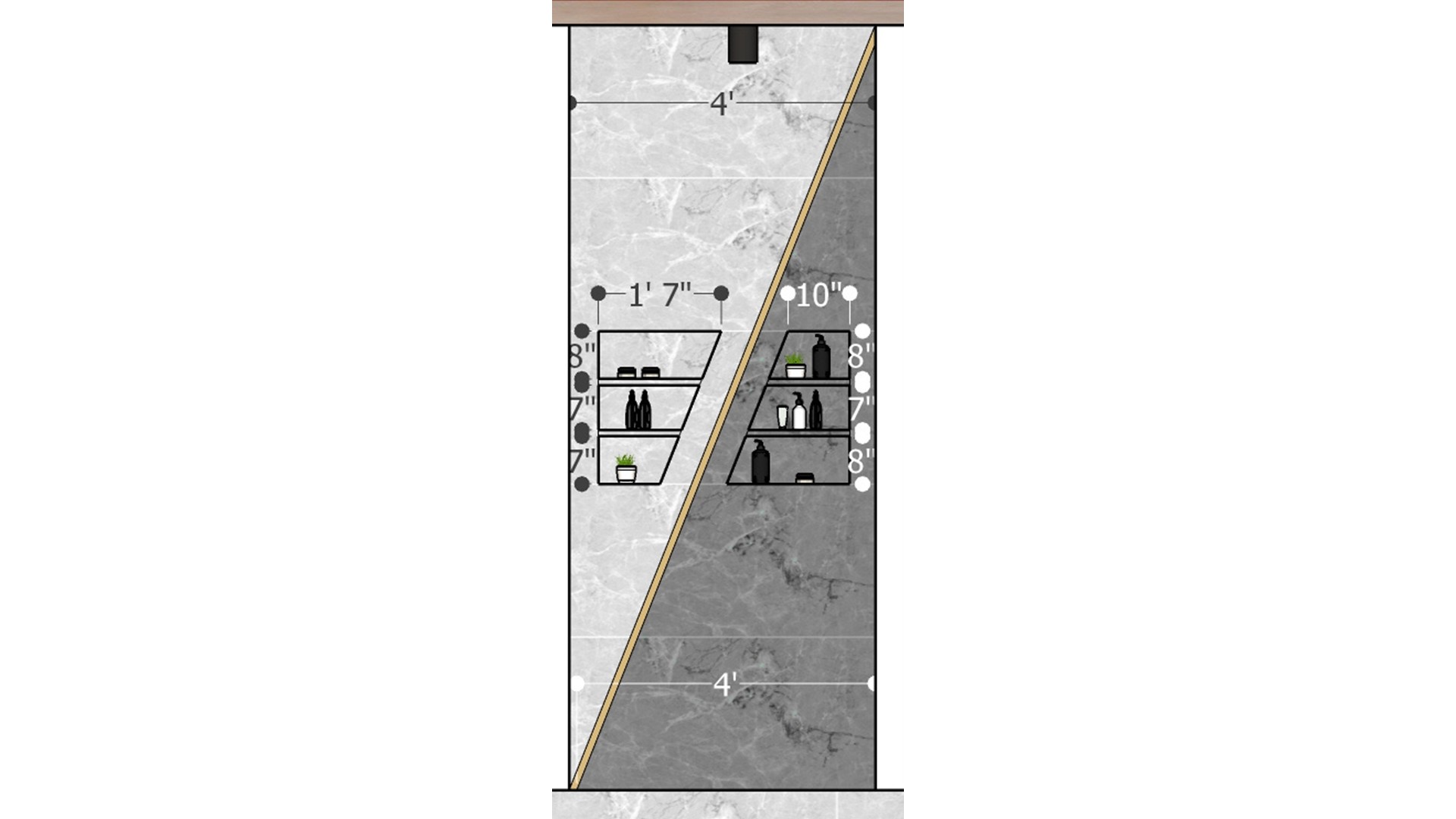 Dimensioned bathroom wall elevation with triangular recessed shelves, toiletries, plant accents, diagonal marble panels, and thin gold edging.