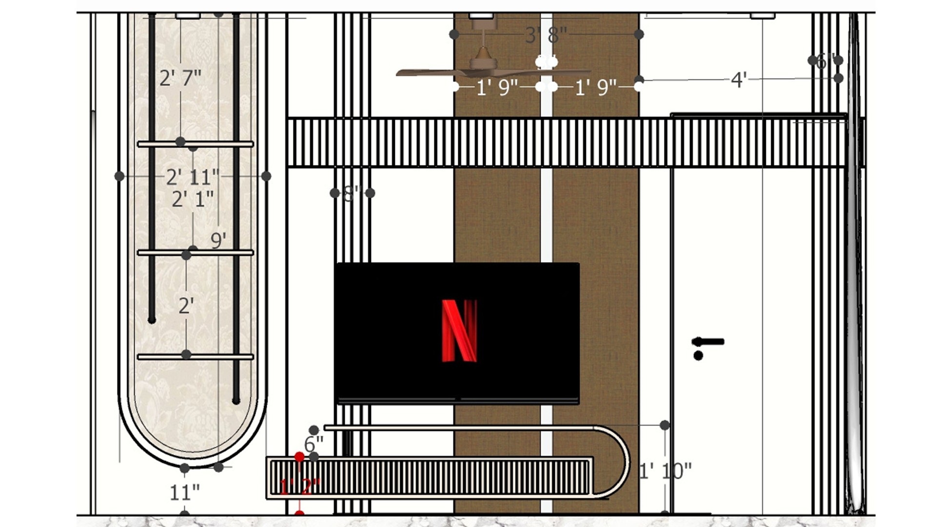 Television wall elevation drawing with vertical slat detailing, brown accent panels, a floating console, display shelves, and measured dimensions.