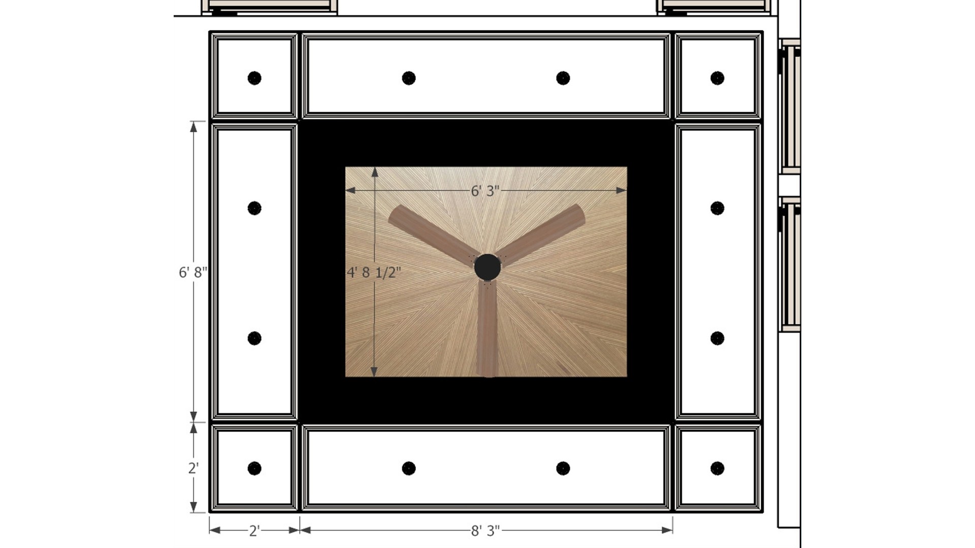 Dimensioned ceiling plan with a central fan and radial wood panel, surrounded by a dark inset, evenly placed lights, and measured outer sections.