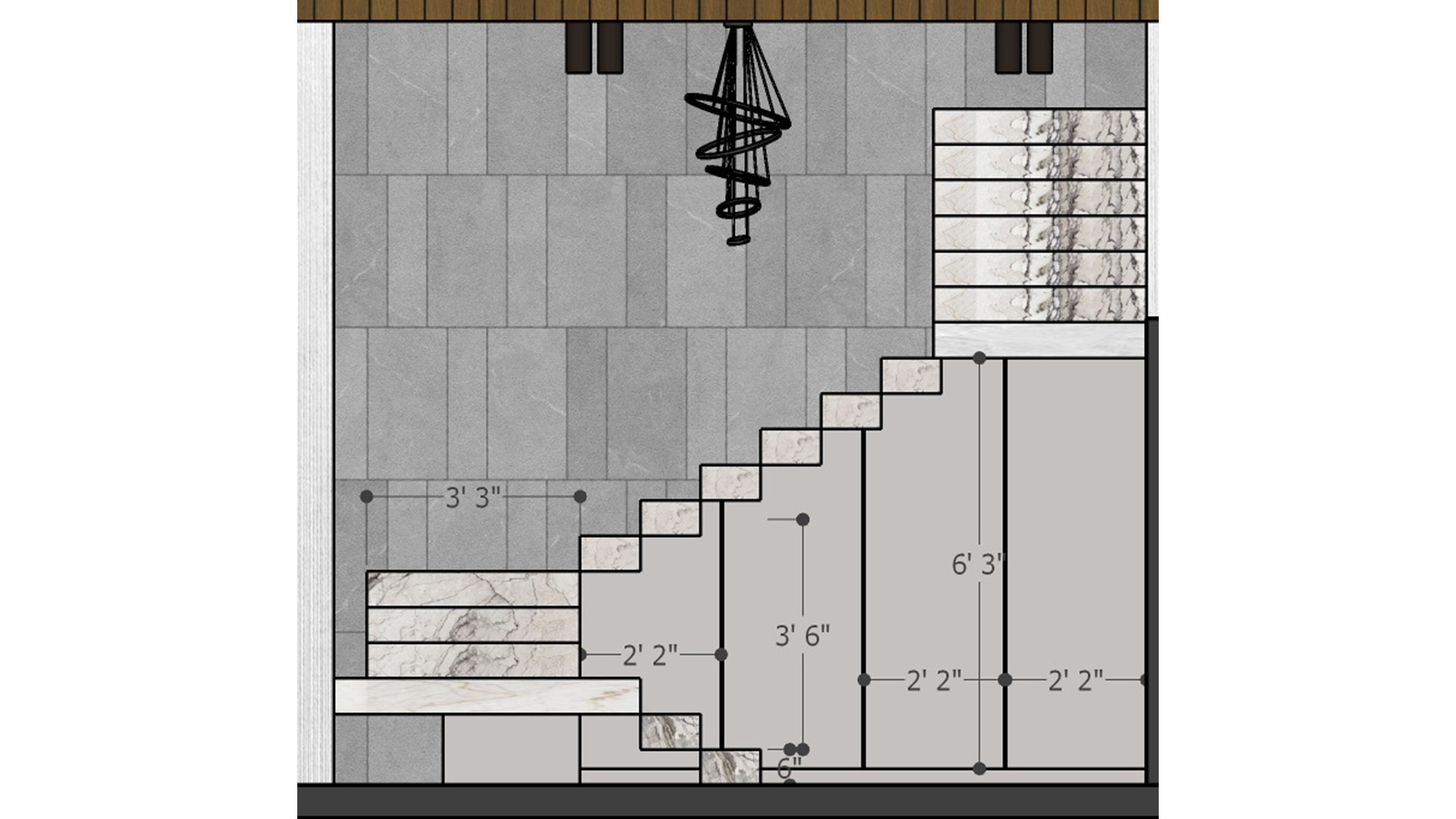 Measured staircase elevation with marble treads, a geometric pendant, gray wall tiles, and dimensioned storage compartments beneath the stairs.