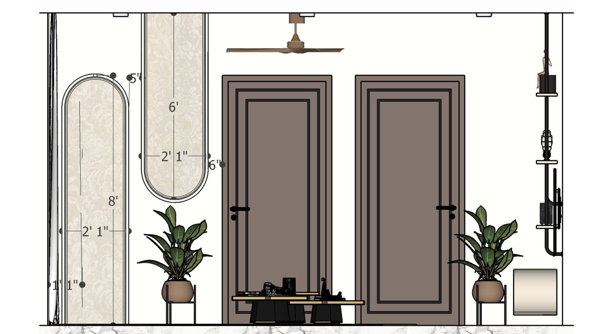 Dimensioned wall elevation with matching dark paneled doors, arched insets, botanical pots, narrow display shelves, and a ceiling fan.