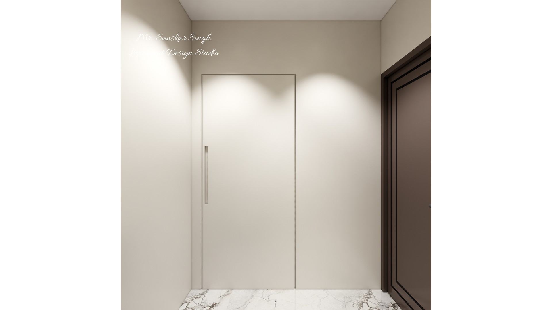 Minimal white flush door with a slim vertical handle beside a dark paneled doorway, beige walls, and pale marble flooring.