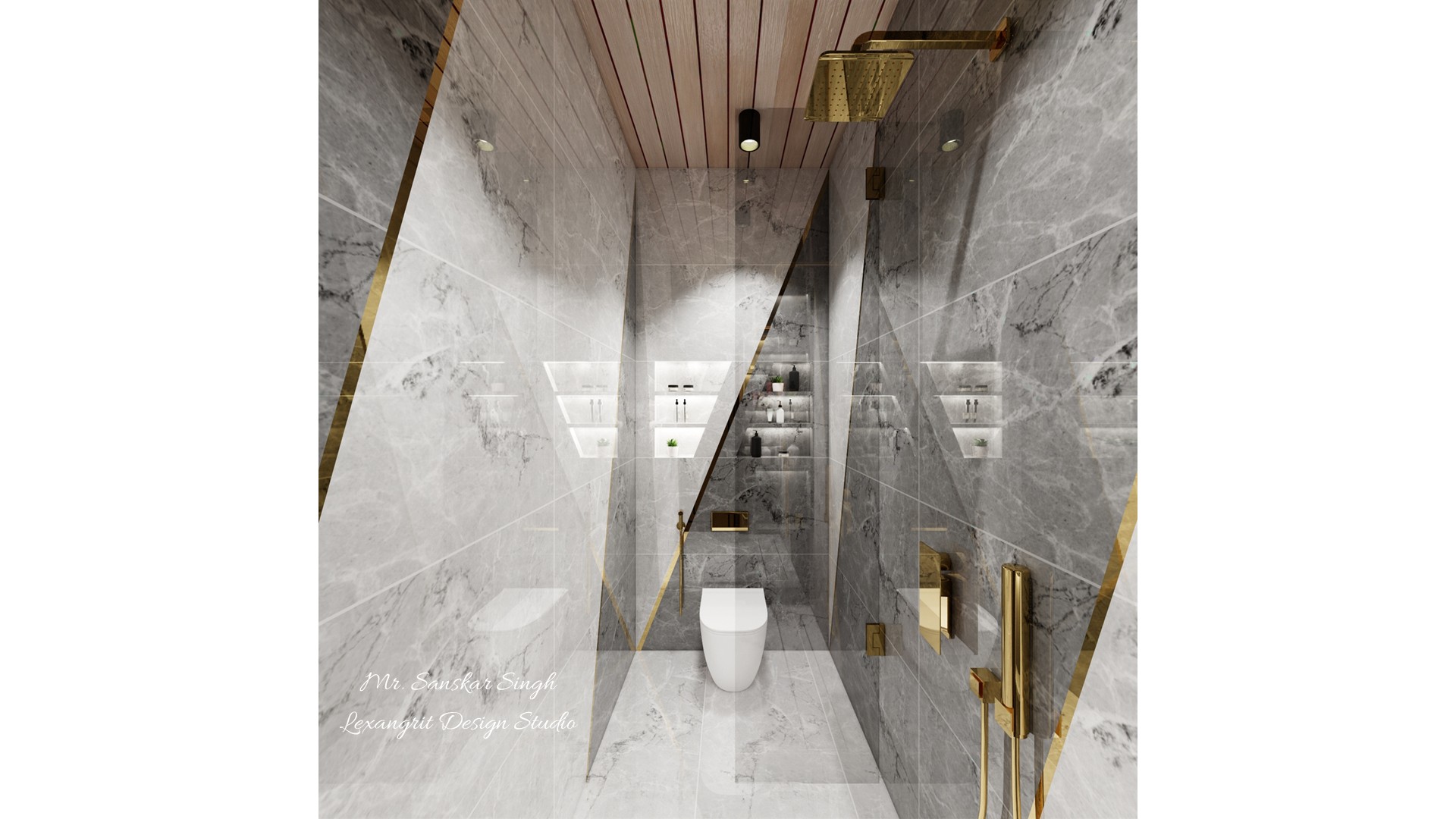 Narrow gray marble bathroom with a wall-mounted toilet, illuminated recessed niches, gold shower fittings, glass partition, and slatted wood ceiling.