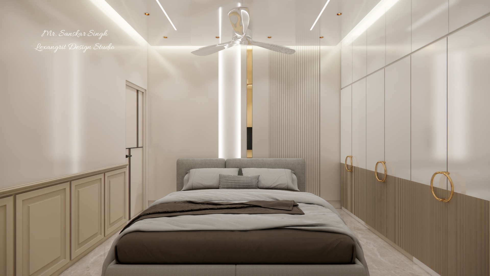 Neutral bedroom with a centered upholstered bed, full-height paneled wardrobes, vertical slat feature, ceiling fan, and soft linear lighting.