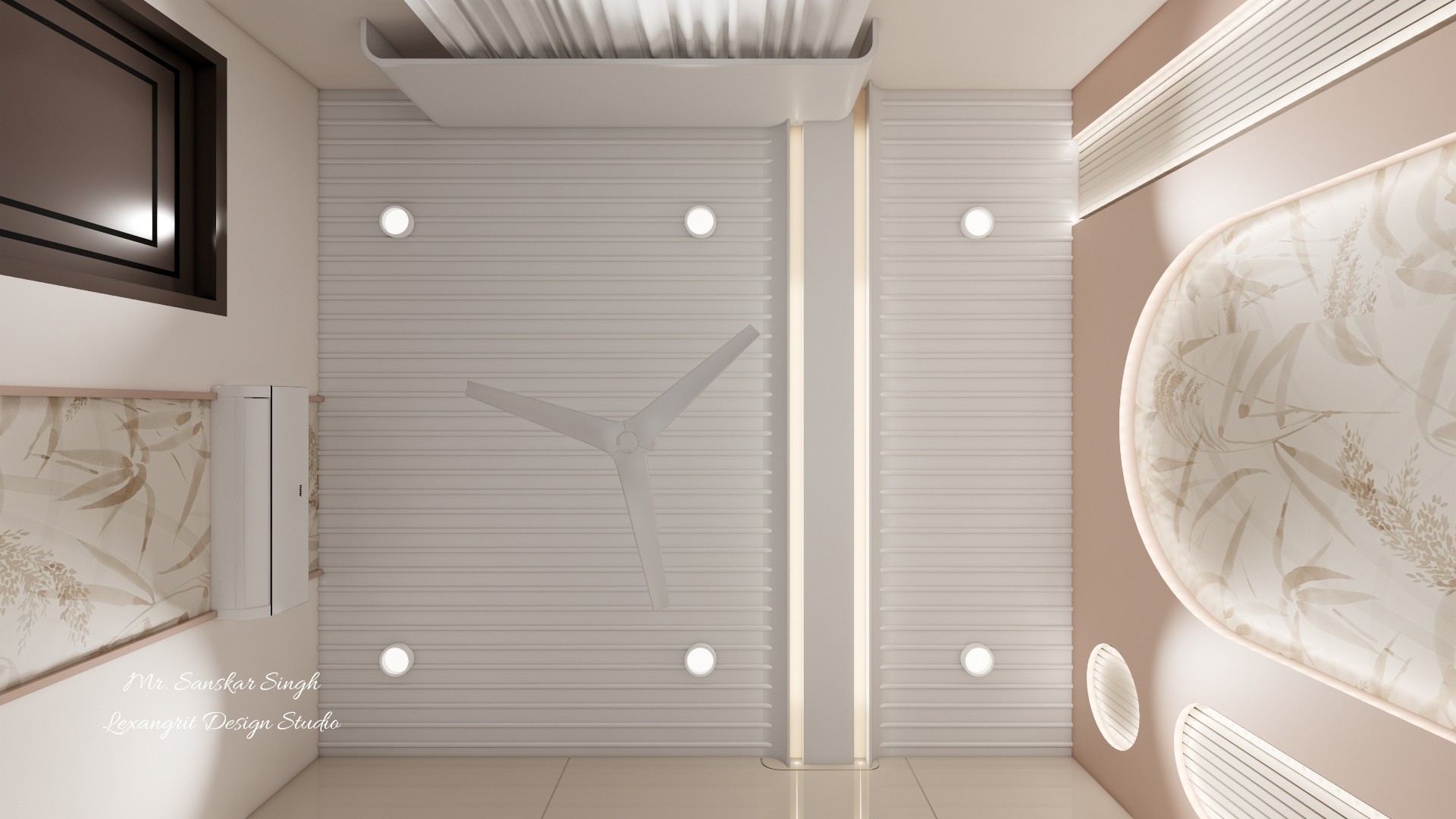 Bedroom ceiling detail with a central fan, ribbed panels, evenly spaced round lights, and a recessed tray bordered by warm trim.