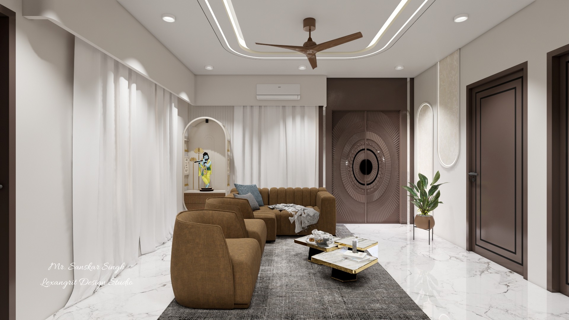 Neutral living room with brown seating, full-height curtains, a sculptural wall panel, marble flooring, and layered ceiling lights.