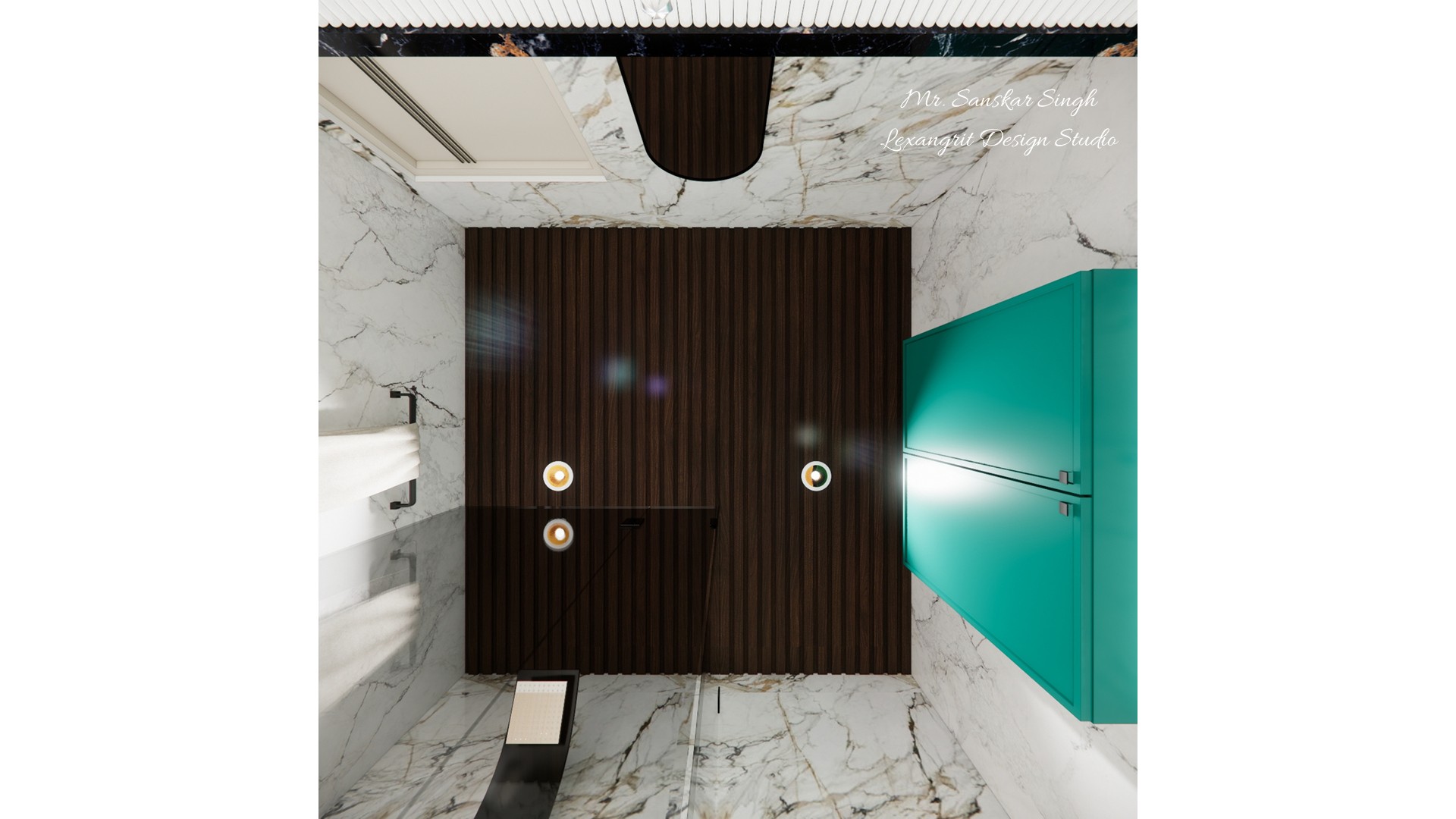 Bathroom feature wall with dark vertical wood slats and small round lights, turquoise wall cabinets, pale marble surfaces, and a floating ledge.