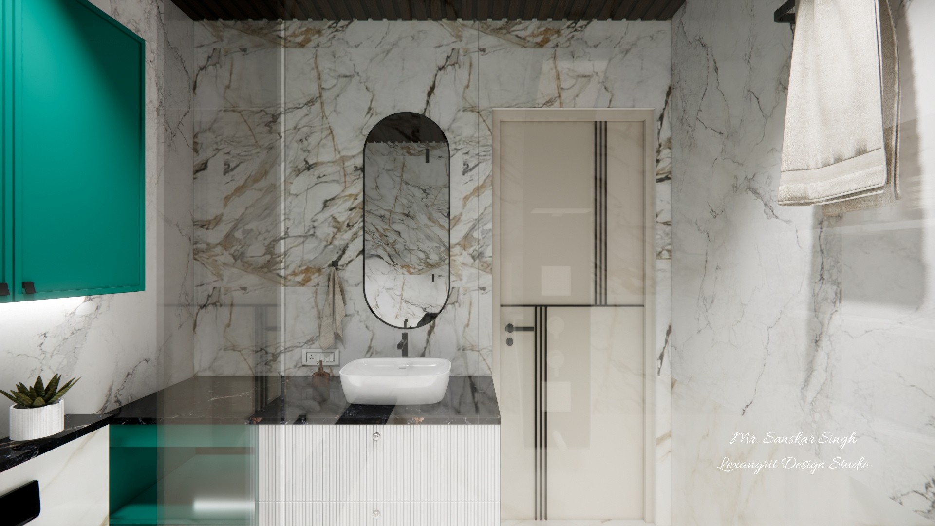 Marble bathroom vanity with a white vessel basin, tall oval mirror, teal cabinet fronts, dark countertop, paneled door, and a curtained window.