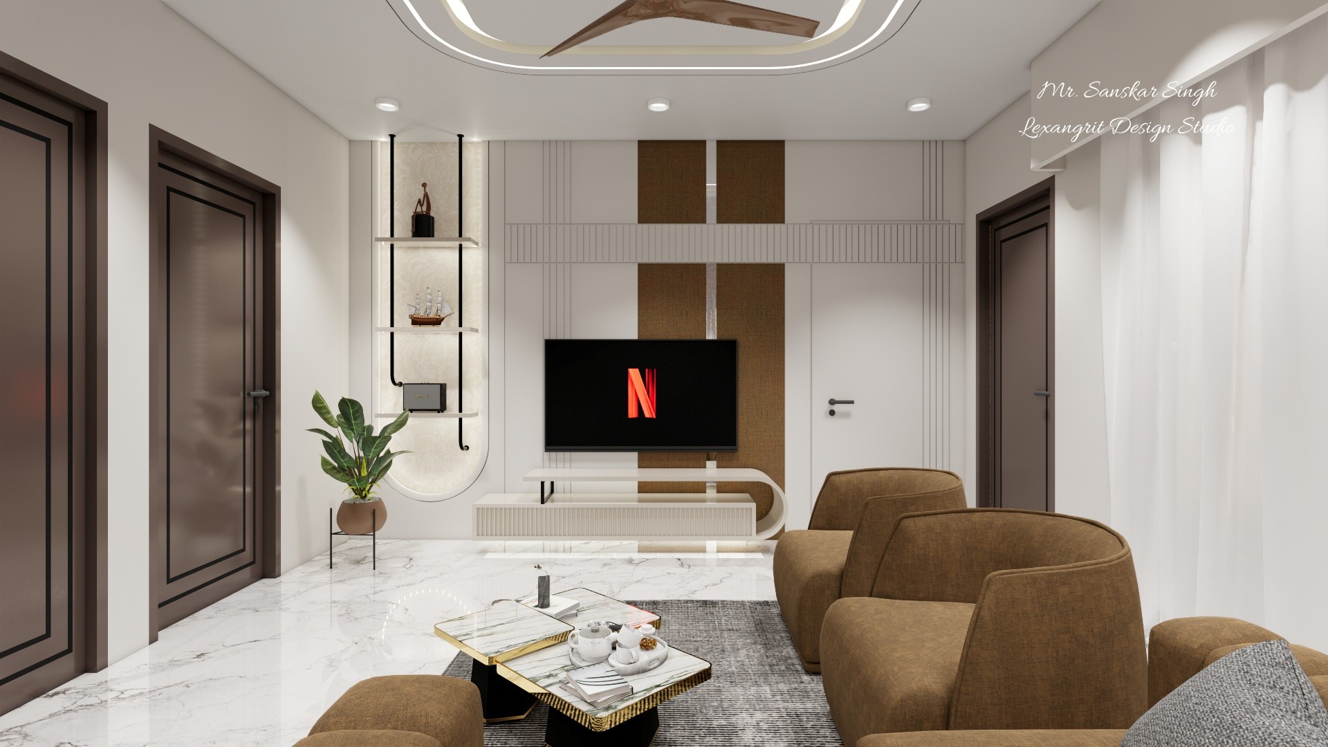 Warm neutral living room with brown upholstered seating, marble flooring, a layered television wall, slim display shelves, and recessed ceiling lights.
