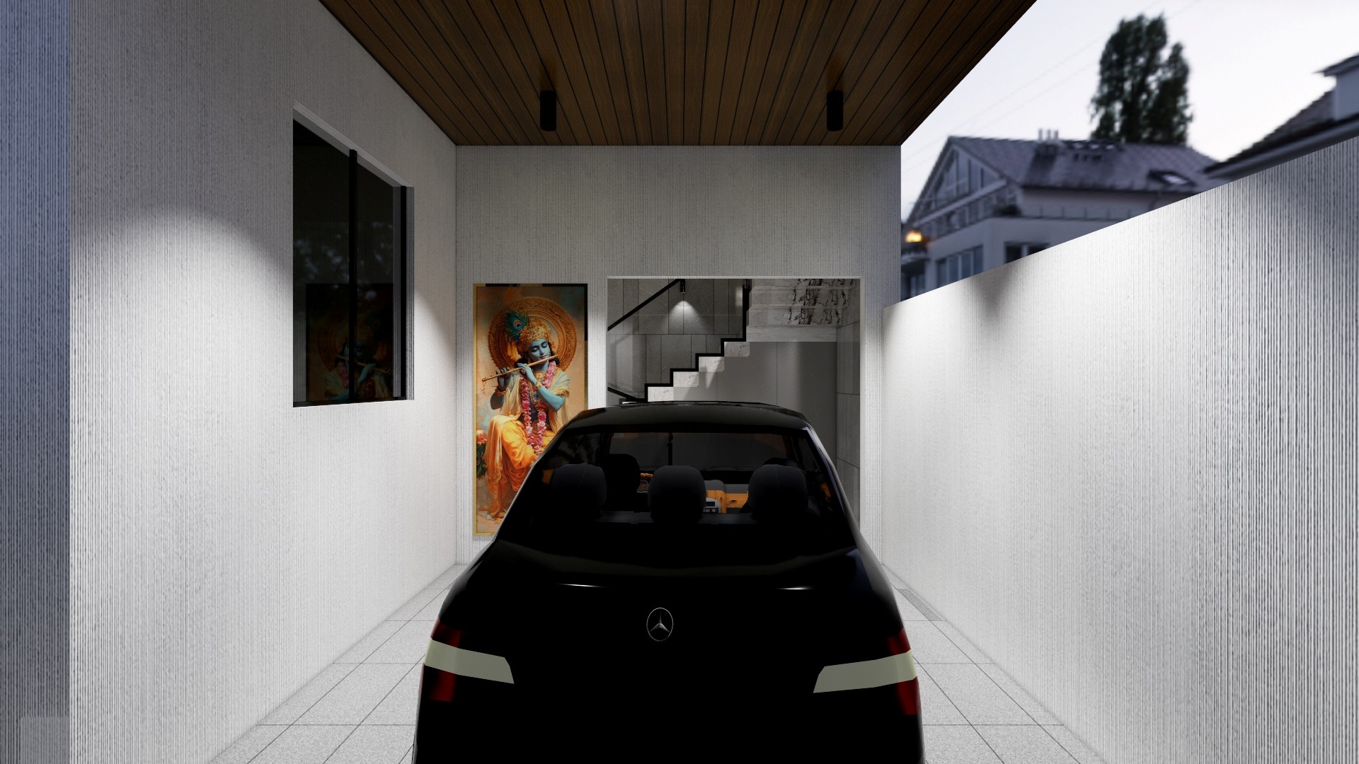 Rear view of a black car beneath a wood-lined carport, framed by textured white walls, a tiled floor, artwork, and entry stairs.